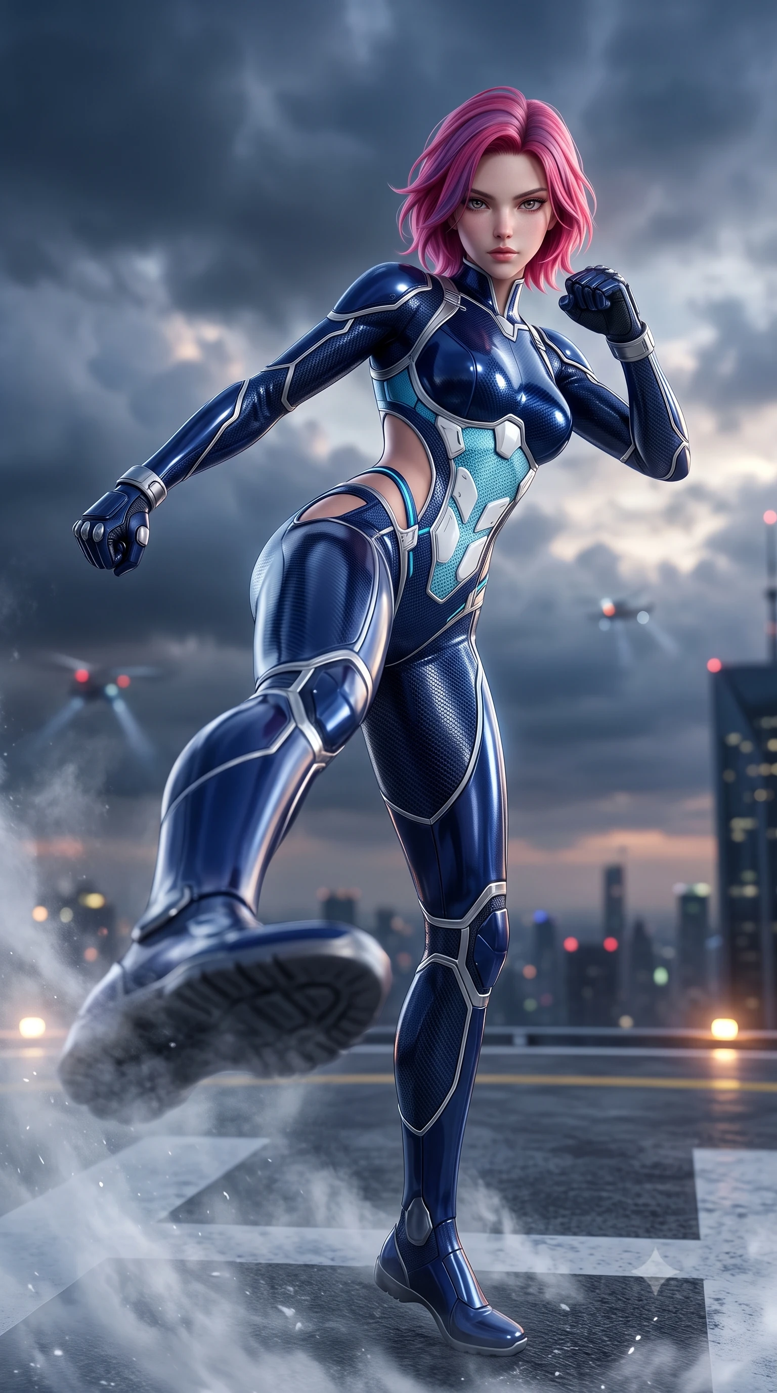 score_9, masterpiece, best quality, ultra-detailed, high-budget anime keyframe, semi-realistic 3D game render, editorial fashion photography, tasteful artistic composition, Caucasian woman. low angle full-body shot from head to toe showing her feet, filling the entire 9:16 vertical frame with her statuesque presence, stretching her vertical silhouette. pivoting dynamically in a high-speed low sweep kick along the reflective floor, her athletic torso and ultra-slim waist twisting in a fluid arc of power while standing triumphant at the skyscraper edge as the storm clouds part, looking directly into the camera with sovereign intensity. The composition keeps background elements in soft focus with creamy bokeh. helipad landing lights and flying vehicle navigation beacons softened in moody shallow focus. She has an absolutely perfect, statuesque 8.5-heads proportion, an exceptionally tall and slender model-like female figure with impossibly long slender legs, a toned flat midriff, and an ultra-slim waist. sharp v-shaped jawline, high-bridge nose, intricate jewel-like eyes with depth, thick eyelashes, glossy lips with a natural sheen, flawlessly proportioned anatomical accuracy, strict slender model proportions, natural body alignment, perfectly sculpted long slender limbs, ultra-slim waistline, clean dynamic posture without body distortion. wearing a statuesque midnight cobalt carbon-fiber battle-suit with platinum trim, reinforced kinetic palm plates, and an ultra-slim waistline in glacial ice-cyan carbon mesh with pure white armor plates, crafted from ultra-strong woven carbon-fiber composite with a satin luster, reinforced by a sleek titanium kinetic harness and glowing micro-energy straps, the precision-cut daring openings accentuating her delicate midriff, graceful bare collarbones, and ultra-slim feminine waistline. surrounded by an electrifying, fierce, and passionately powerful martial valkyrie atmosphere. rich saturated anime colors with glowing neon highlights, detailed shading with soft gradients, rich glossy textures, high-contrast stereoscopic depth, volumetric dynamic lighting, master piece, 9:16 ratio