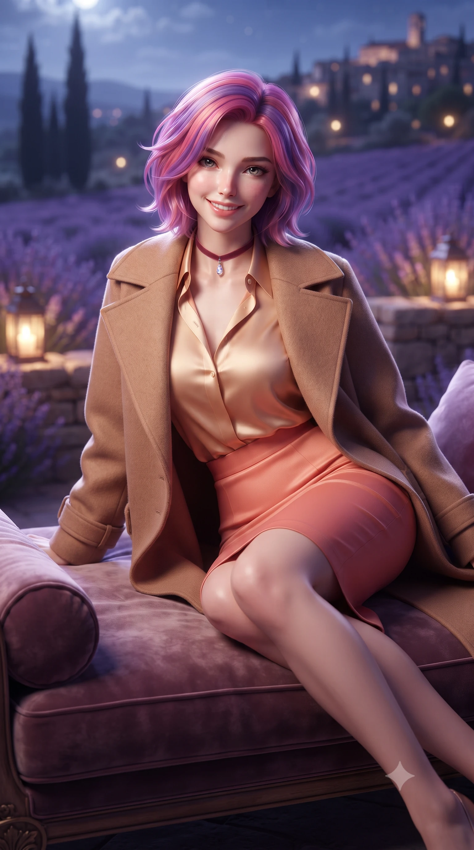 score_9, masterpiece, best quality, ultra-detailed, high-budget anime keyframe, editorial fashion photography, tasteful artistic composition, Caucasian woman. close-up cowboy shot from the waist and thighs up, the character dominates the composition, filling the frame with her large presence. perched sideways on the lounge seat, one knee drawn up to showcase her slender leg line while her arched back accentuates her feminine hip curve while reclining gracefully across the plush daybed with legs extended, flashing an enchanting, flirtatious smile toward the lens. The background shows a soft-focus rolling purple lavender fields bathed in silver moonlight, dark cypress spires, and distant lights of hilltop stone villages blurred into lavender, amethyst, and silver bokeh. She has an exceptionally elegant, slender, and willowy female figure with an ultra-slim waist, flat toned midriff, narrow ribcage, and sculpted feminine hips creating an alluring, slim hourglass silhouette without bulk. sharp v-shaped jawline, high-bridge nose, intricate jewel-like sparkling eyes with depth, thick eyelashes, glossy parted lips with a natural peach sheen, bright cheerful beaming smile with an enchanting and coquettish sensual glint, exuding both youthful cute charm and seductive allure, flawlessly proportioned anatomical accuracy, strict slender model proportions, natural body alignment, perfectly sculpted long slender limbs, ultra-slim waistline, clean dynamic posture without body distortion. wearing a structured double-faced camel hair wrap coat draped over a tailored silk blouse and pencil skirt in Palm Springs desert sunset coral and warm honey champagne, tailored from ultra-plush silk velvet with rich tactile depth and deep shadow gradients, finished with a thin velvet ribbon choker and a single teardrop diamond pendant, the impeccably tailored cut draping gracefully along her slender figure with aristocratic poise. bathed in ethereal silver 4500K moonlight illuminating the lavender valley combined with warm 2400K stone wall lanterns. ultra-reflective glossy finish, specular highlights, rich textural contrasts, high-contrast stereoscopic depth, volumetric dynamic lighting, 2k, ultra detail, master piece, 9:16 ratio