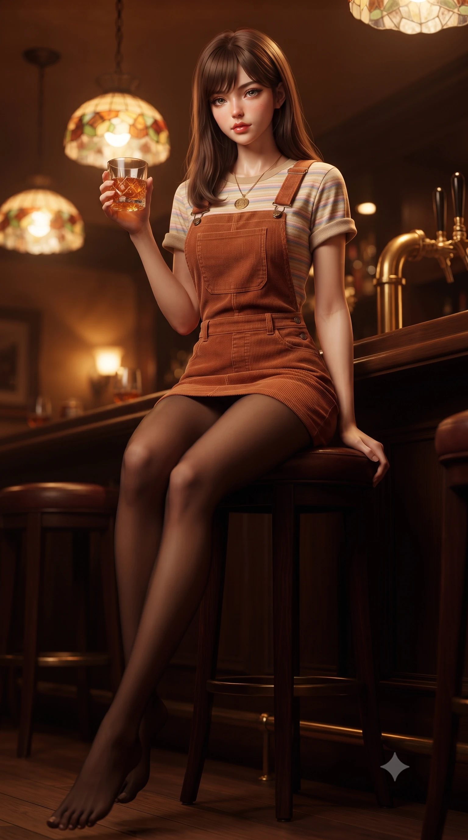 score_9, masterpiece, best quality, ultra-detailed, high-budget anime keyframe, editorial fashion photography, tasteful artistic composition, Korean woman. low angle full-body shot from head to toe showing her feet, filling the entire 9:16 vertical frame with her statuesque presence, stretching her vertical silhouette. striding forward in a proud, dynamic supermodel runway stride, her statuesque vertical silhouette commanding the entire frame while sitting at the dark mahogany bar counter of an intimate jazz lounge, holding an amber drink with relaxed, classy elegance. The composition keeps background elements in soft focus with creamy bokeh. stained glass pendant lamps and brass bar taps softened in cozy analog depth of field. She has an absolutely perfect, statuesque 8.5-heads proportion, an exceptionally tall and slender model-like female figure with impossibly long slender legs, a toned flat midriff, and an ultra-slim waist. sharp v-shaped jawline, high-bridge nose, intricate jewel-like eyes with depth, thick eyelashes, glossy lips with a natural sheen, captivating and magnetic expression, flawlessly proportioned anatomical accuracy, strict slender model proportions, natural body alignment, perfectly sculpted long slender limbs, ultra-slim waistline, clean dynamic posture without body distortion. wearing a vintage corduroy dungaree dress layered over a pastel striped baby-tee with rolled cuffs in warm terracotta and oatmeal beige, crafted from ultra-soft brushed fleece and vintage-washed jersey, accented with a vintage gold coin pendant necklace and dark sheer tights, the precision-cut daring openings accentuating her delicate midriff, graceful bare collarbones, and ultra-slim feminine waistline. bathed in warm amber incandescent lamp glow and golden vacuum tube ambient warmth. ultra-reflective glossy finish, specular highlights, rich textural contrasts, high-contrast stereoscopic depth, volumetric dynamic lighting, 2k, ultra detail, master piece, 9:16 ratio