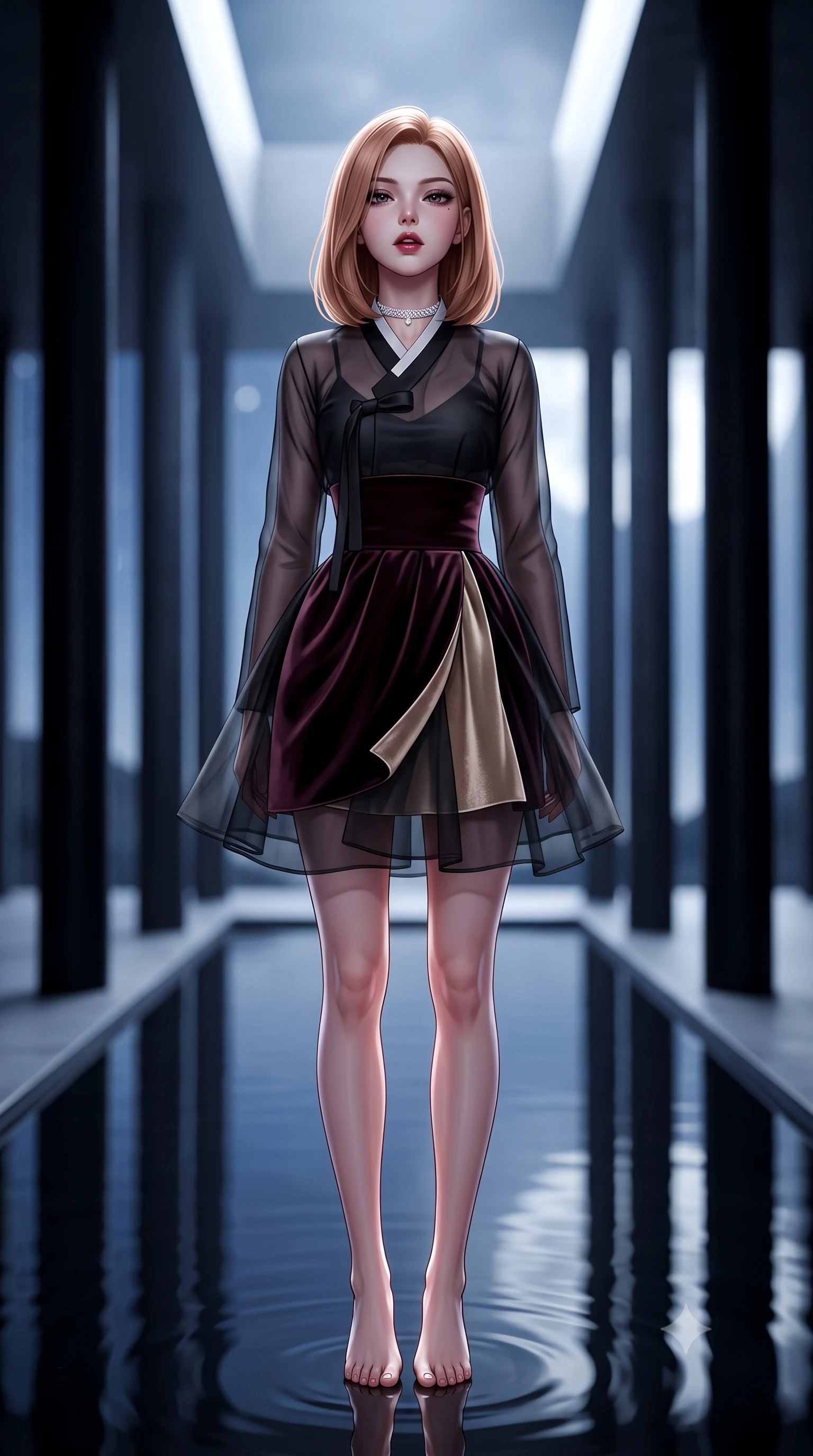 score_9, masterpiece, best quality, ultra-detailed, high-budget anime keyframe, semi-realistic 3D game render, editorial fashion photography, tasteful artistic composition, Korean woman. close-up cowboy shot from the waist and thighs up, the character dominates the composition, filling the frame with her large presence. tilting her chin up slightly with lips parted in a composed, sovereign expression, her body curving in an alluring S-line that accentuates her hip contour while standing poised in the center of the shallow reflection basin with hips cocked back, casting an ethereal, dangerous bedroom-gaze toward the camera. The composition keeps background elements in soft focus with dreamy creamy bokeh. soaring minimalist black basalt columns and distant open midnight sky with bright full moon blurred into cold platinum, silver, and obsidian bokeh. She has an exceptionally elegant, slender, and willowy female figure with an ultra-slim waist, flat toned midriff, narrow ribcage, and sculpted feminine hips creating an alluring, slim hourglass silhouette without bulk. sharp v-shaped jawline, high-bridge nose, intricate jewel-like dark sparkling eyes with dangerous depth, thick curled eyelashes, glossy parted lips with a rich wine sheen, smoldering seductive half-smile with bedroom-eyes, exuding effortless superiority and intoxicating dark allure, flawlessly proportioned anatomical accuracy, strict slender model proportions, natural body alignment, perfectly sculpted long slender limbs, ultra-slim waistline, clean dynamic posture without body distortion. wearing a modern fusion dark hanbok mini dress with a sheer silk organza jeogori and high-waisted velvet wrap skirt in dark mulberry wine and antique champagne, crafted from layered gossamer black organza with weightless, smoky flutter, finished with a delicate diamond choker catching the chandelier light, the high-waisted tailoring accentuating her ultra-slim waistline and the enchanting curve of her feminine hips with alluring dark charm. bathed in cold silvery moonlight filtered from a dramatic high skylight opening. highly saturated vibrant anime colors, detailed shading with soft gradients, rich glossy textures, high-contrast stereoscopic depth, volumetric dynamic lighting, master piece, 9:16 ratio