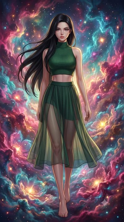 score_9, masterpiece, best quality, ultra-detailed, high-budget anime keyframe, editorial fashion photography, tasteful artistic composition, Korean woman. low angle full-body shot from head to toe showing her feet, filling the entire 9:16 vertical f