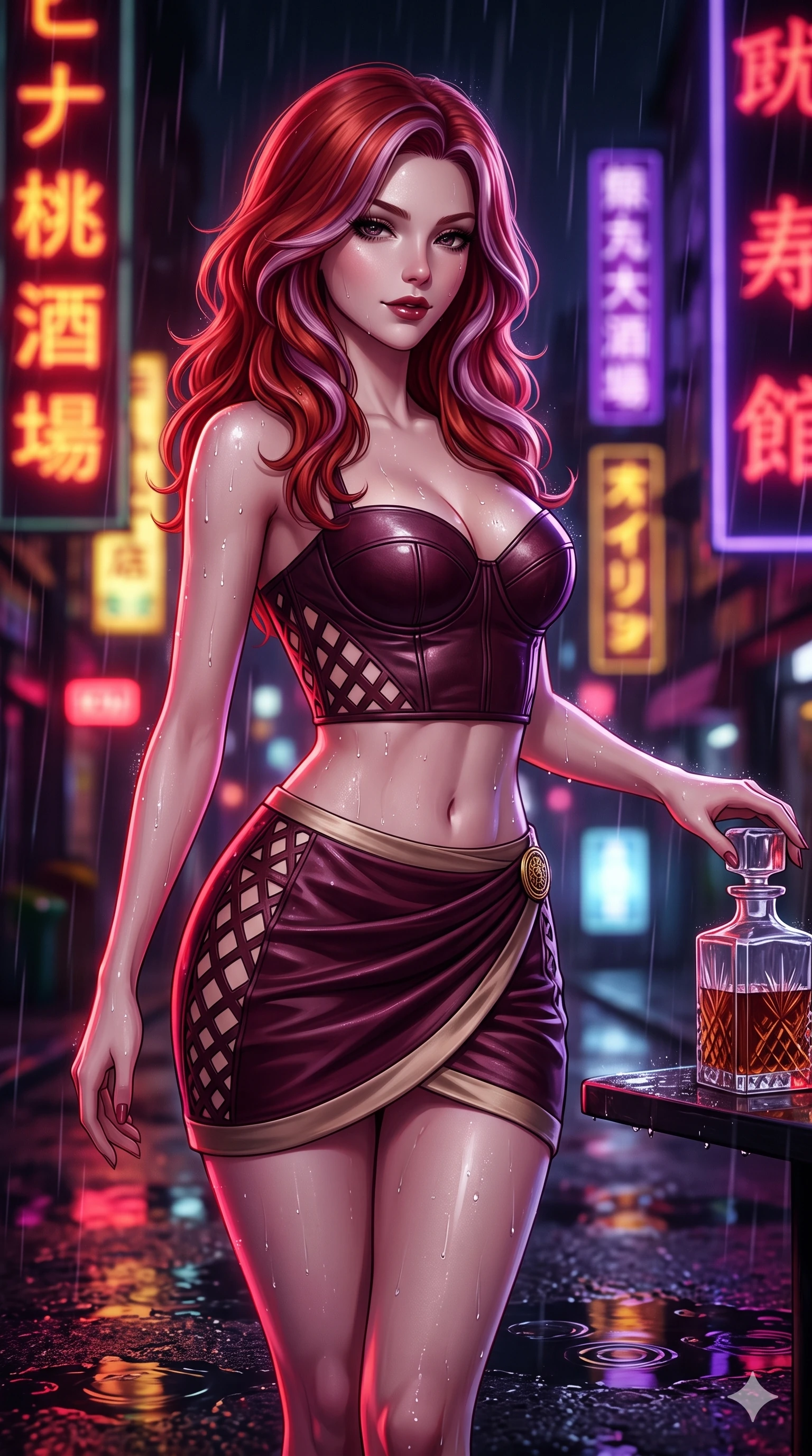 score_9, masterpiece, best quality, ultra-detailed, high-budget anime keyframe, semi-realistic 3D game render, editorial fashion photography, tasteful artistic composition, Caucasian woman. close-up cowboy shot from the waist and thighs up, the character dominates the composition, filling the frame with her large presence. twisting her slender torso in an alluring S-curve while reaching for a vintage crystal decanter, her dark tailored fit highlighting her hourglass curves while twisting her slender torso in an alluring contrapposto stance, raindrops glistening on her bare skin as saturated neon signs reflect in puddles around her heels. The background shows a soft-focus vertical kanji neon signs in deep crimson, gold, and royal purple blurred into dazzling saturated reflections and dreamy rain bokeh. She has an exceptionally elegant, slender, and willowy female figure with an ultra-slim waist, flat toned midriff, narrow ribcage, and sculpted feminine hips creating an alluring, slim hourglass silhouette without bulk. sharp v-shaped jawline, high-bridge nose, intricate jewel-like dark sparkling eyes with dangerous depth, thick curled eyelashes, glossy parted lips with a rich wine sheen, smoldering seductive half-smile with bedroom-eyes, exuding effortless superiority and intoxicating dark allure, flawlessly proportioned anatomical accuracy, strict slender model proportions, natural body alignment, perfectly sculpted long slender limbs, ultra-slim waistline, clean dynamic posture without body distortion. wearing a structured underwire leather bustier top paired with an ultra-short draped wrap mini skirt in dark mulberry wine and antique champagne, adorned with laser-cut diamond side panels revealing teasing glimpses of bare skin, finished with an authentic engraved gold medallion and obsidian cabochons, the glove-like silhouette tightly following the natural contour of her hips and long slender legs with youthful 8.5-heads elegance. illuminated by wet pavement neon puddle bounce and sharp scarlet-magenta rim lights sculpting her razor-sharp jawline, narrow waist, and curvy hips. highly saturated vibrant anime colors, detailed shading with soft gradients, rich glossy textures, high-contrast stereoscopic depth, volumetric dynamic lighting, master piece, 9:16 ratio