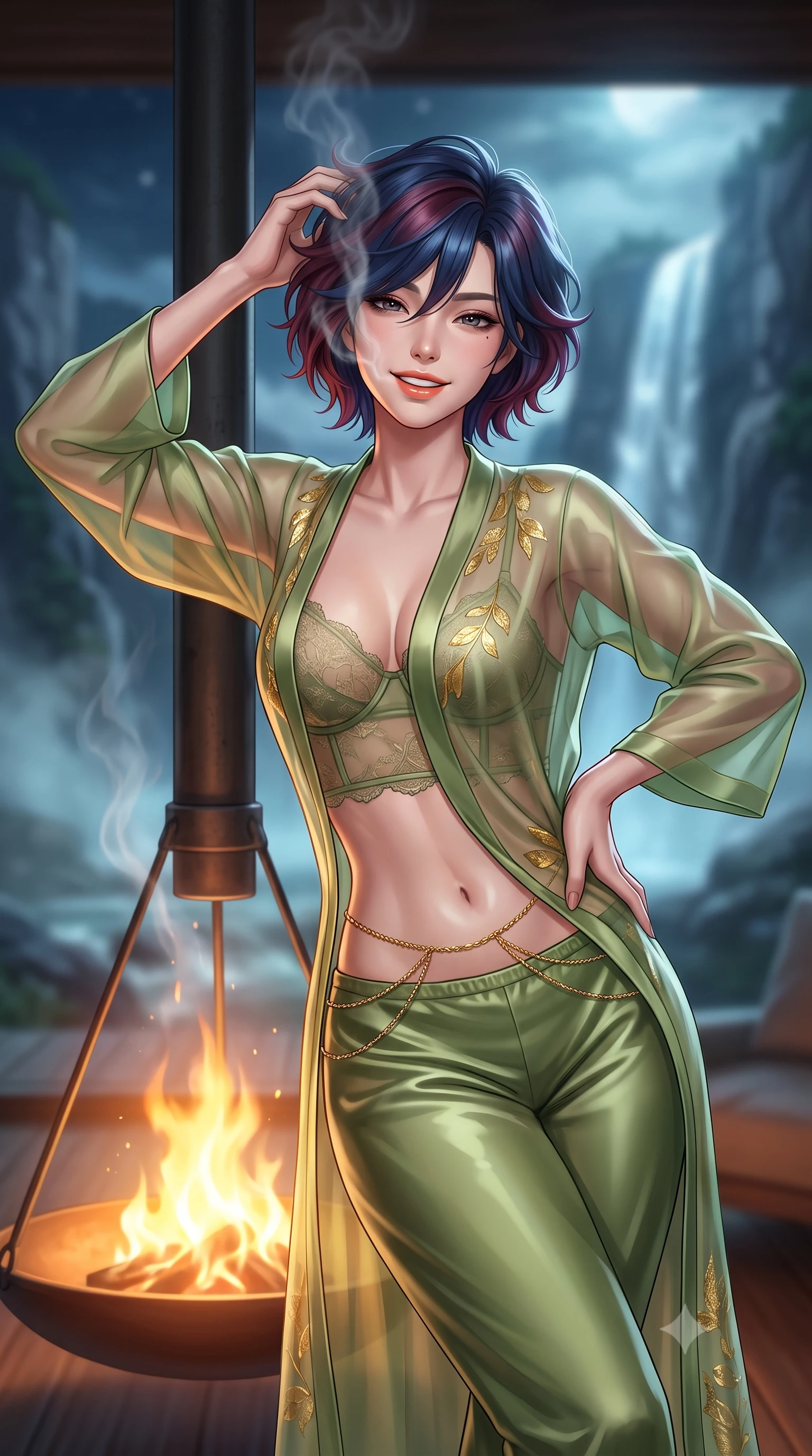 score_9, masterpiece, best quality, ultra-detailed, high-budget anime keyframe, semi-realistic 3D game render, editorial fashion photography, tasteful artistic composition, Korean woman. close-up cowboy shot from the waist and thighs up, the character dominates the composition, filling the frame with her large presence. twisting her slender torso in an alluring contrapposto stance, one hand resting on her sculpted hip while her fingers toy with her hair with effortless poise while leaning against the suspended steel hearth post with hips cocked back, looking through rising chimney smoke with bedroom-eyes. The background shows a soft-focus thundering Seven Sisters waterfall illuminated by moonbeams, fjord mist plumes, and towering sheer rock faces blurred into silver, cyan, and obsidian bokeh. She has an exceptionally elegant, slender, and willowy female figure with an ultra-slim waist, flat toned midriff, narrow ribcage, and sculpted feminine hips creating an alluring, slim hourglass silhouette without bulk. sharp v-shaped jawline, high-bridge nose, intricate jewel-like sparkling eyes with depth, thick eyelashes, glossy parted lips with a natural peach sheen, bright cheerful beaming smile with an enchanting and coquettish sensual glint, exuding both youthful cute charm and seductive allure, flawlessly proportioned anatomical accuracy, strict slender model proportions, natural body alignment, perfectly sculpted long slender limbs, ultra-slim waistline, clean dynamic posture without body distortion. wearing a delicate translucent silk organza wrap robe worn loose over a sheer lace demi-bustier and satin tap pants in Gion antique matcha green and gilded gold leaf, crafted from fluid liquid silk satin that clings smoothly to her narrow waist and rounded hips with a dewy sheen, accented with a dainty gold belly chain resting across her flat midriff and curving hips, the glove-like clinging cut tightly following the natural contour of her hips and long slender legs with youthful 8.5-heads elegance. bathed in the warm radiant 2100K hearth glow of the central suspended fire bowl mixed with cool silver waterfall mist. highly saturated vibrant anime colors, detailed shading with soft gradients, rich glossy textures, high-contrast stereoscopic depth, volumetric dynamic lighting, master piece, 9:16 ratio