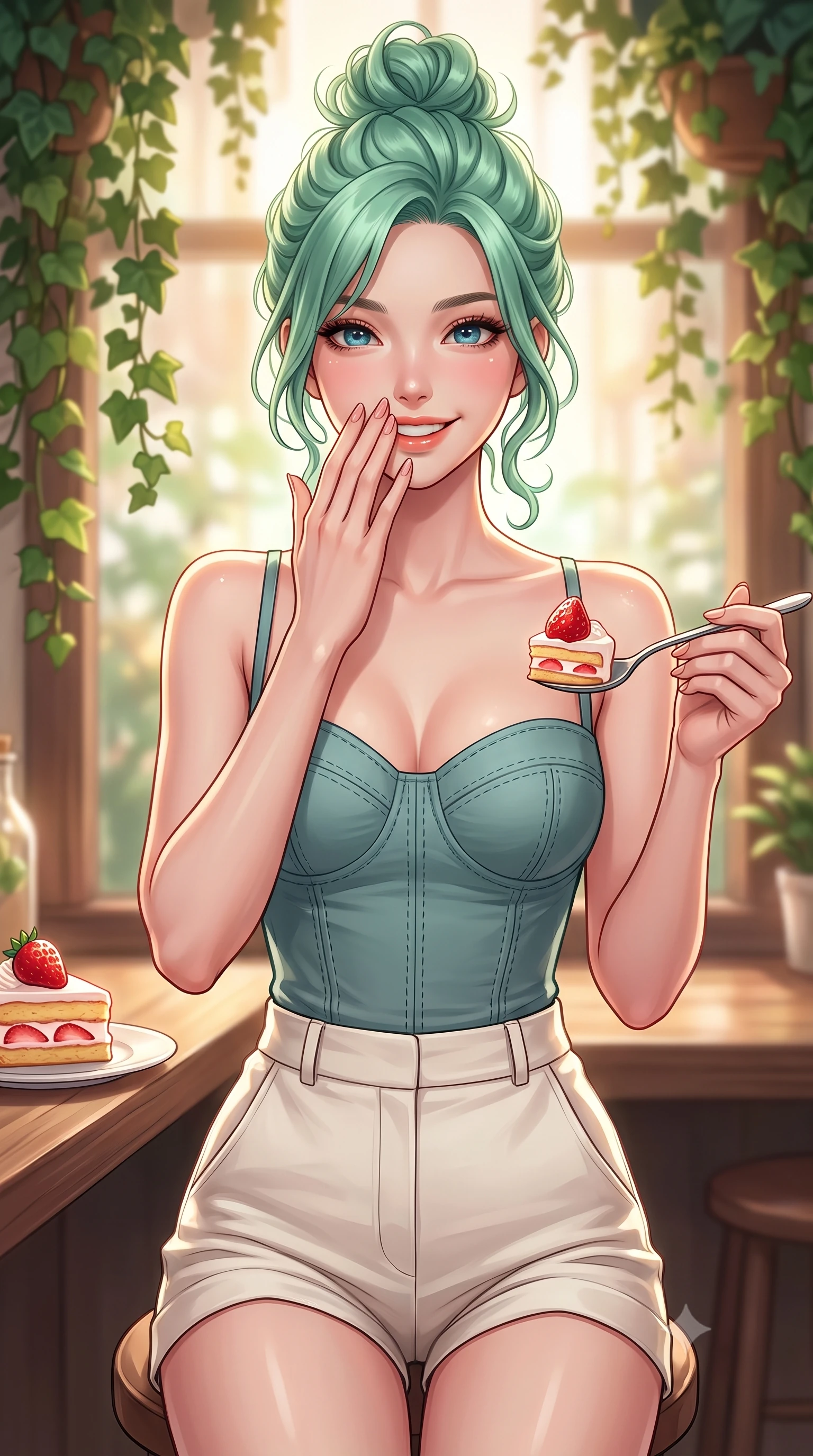 score_9, masterpiece, best quality, ultra-detailed, high-budget anime keyframe, editorial fashion photography, tasteful artistic composition, Japanese woman. close-up cowboy shot from the waist and thighs up, the character dominates the composition, filling the frame with her large presence, background elements kept in soft focus. giggling cutely behind her hand, her eyes sparkling with joy and bright energy set against a soft-focus background of at a quiet window table of an organic salad bar filled with hanging ivy holding a spoon with a bite of strawberry cake, smiling happily at the camera. She has an exceptionally elegant, slender, and willowy female figure with an ultra-slim waist, a gracefully sculpted slender torso, and a refined silhouette. sharp v-shaped jawline, high-bridge nose, intricate jewel-like eyes with depth, thick eyelashes, glossy lips with a natural sheen. wearing slim-fit tailored cotton bustier top paired with high-waist tailored shorts. gentle, warm ambient lighting highlighting the delicious food and her face. highly saturated vibrant anime colors, detailed shading with soft gradients, rich glossy textures, high-contrast stereoscopic depth, volumetric dynamic lighting, master piece, 9:16 ratio
