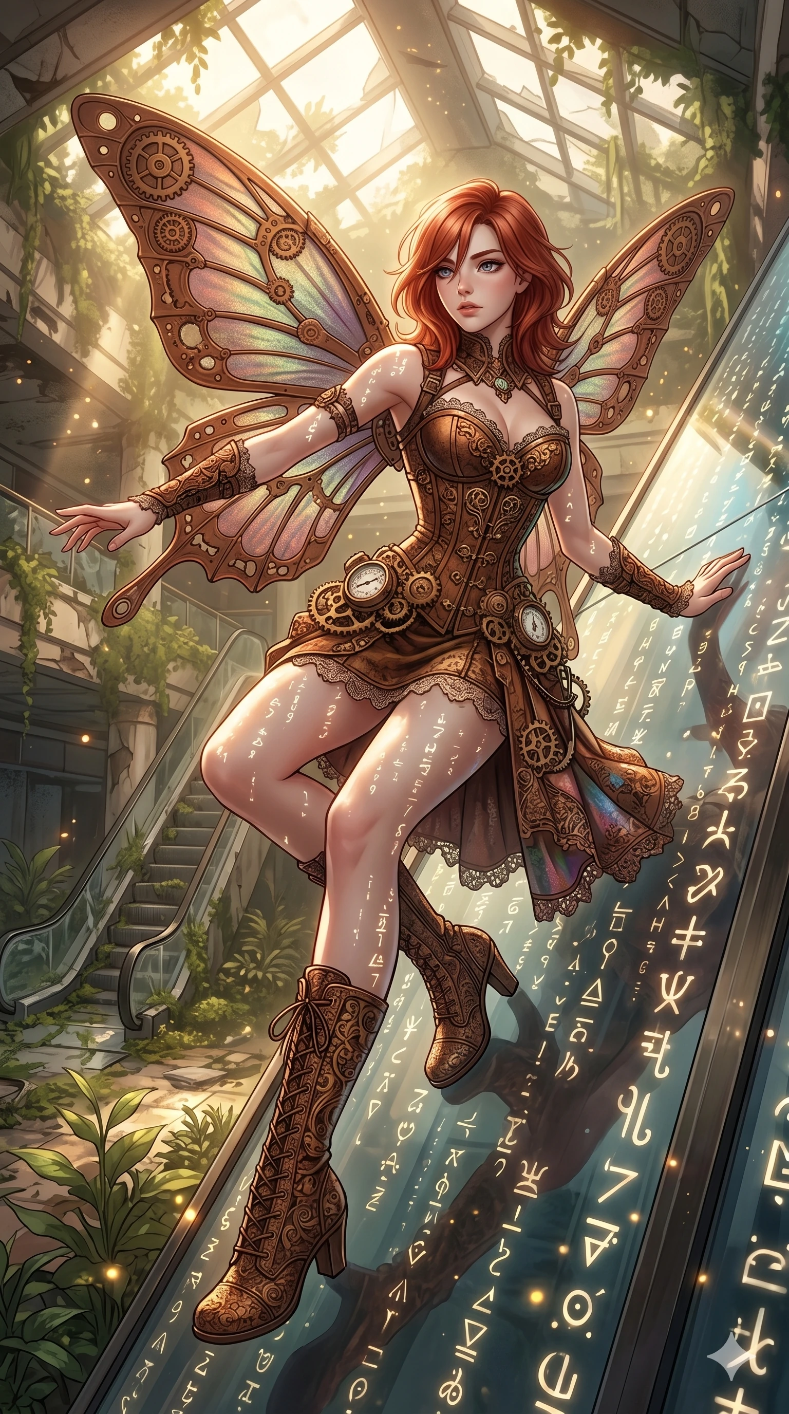 score_9, masterpiece, best quality, ultra-detailed, Set A: High-budget Anime Keyframe, Caucasian (human ears) woman. Upper body close-up from the thighs up, character filling the screen for maximum presence. Theme: Ethereal Dream. sliding down a glass skyscraper in a ruined overgrown shopping mall, as a digital rain of 287 symbols washes over her. The atmosphere is filled with cinematic sunlight through leaves. She has an absolutely perfect 8-heads proportion, an exceptionally tall and slender female figure with impossibly long slender legs and an ultra-slim waist. Sharp v-shaped jawline, high-bridge nose, intricate jewel-like eyes with depth, glossy lips. Wearing Steam-punk corset gown with copper gear ornaments and mechanical butterfly wings. Cinematic lighting, vivid colors, dramatic shadows, 2k, ultra detail, master piece, 9:16 ratio