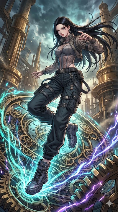 score_9, masterpiece, best quality, ultra-detailed, high-budget anime movie keyframe, cinematic anime lighting, intricate line art, Japanese woman. Dynamic full-body shot stretching the vertical silhouette with extreme perspective. summoning a barrie