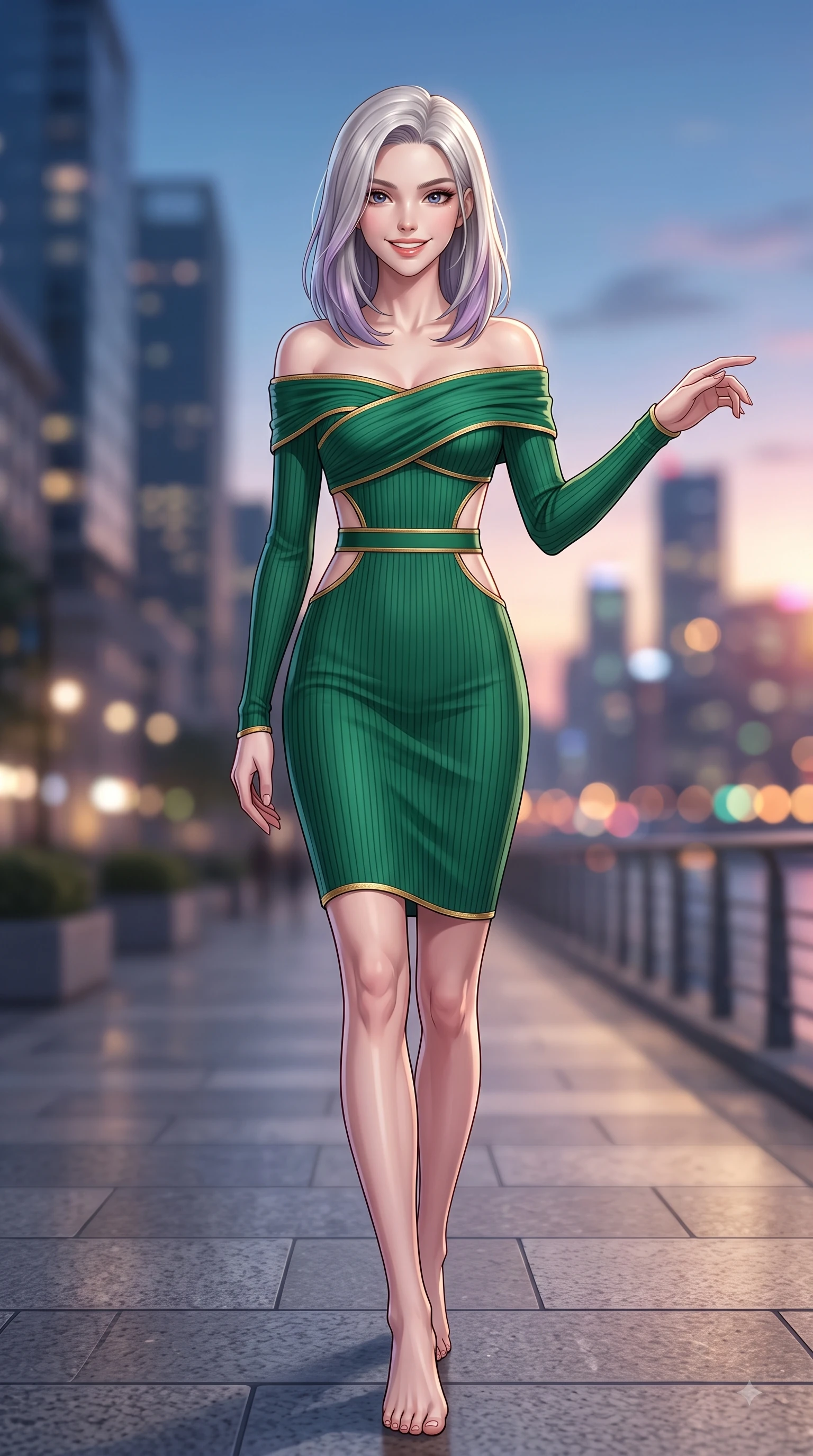 score_9, masterpiece, best quality, ultra-detailed, high-budget anime keyframe, editorial fashion photography, tasteful artistic composition, Caucasian woman. low angle full-body shot from head to toe showing her feet, filling the entire 9:16 vertical frame with her statuesque presence, stretching her vertical silhouette. walking forward in a proud dynamic stride with a cheerful beaming smile, her vertical silhouette filling the frame while reaching one hand gracefully toward the city skyline view with a magnetic smile. The composition keeps background elements in soft focus with dreamy bokeh. metropolitan skyline outlines blurred into a dramatic evening backdrop. She has an absolutely perfect, statuesque 8.5-heads proportion, an exceptionally tall and slender model-like female figure with impossibly long slender legs and an ultra-slim waist. sharp v-shaped jawline, high-bridge nose, intricate jewel-like eyes with depth, thick eyelashes, glossy lips with a natural sheen, flawlessly proportioned anatomical accuracy, natural body alignment, perfectly sculpted elegant limbs, clean dynamic posture without body distortion. wearing a sleek off-shoulder ribbed knit dress accentuating her graceful collarbones and slender waist in bright emerald green and warm gold trim, made of premium stretch jersey that follows her curves like a glove, complemented by clean architectural cutouts along her slender torso, the elegant draped fit framing her graceful clavicle and slender torso. illuminated by crisp specular highlights and clear rim lighting. highly saturated vibrant anime colors, detailed shading with soft gradients, rich glossy textures, high-contrast stereoscopic depth, volumetric dynamic lighting, master piece, 9:16 ratio