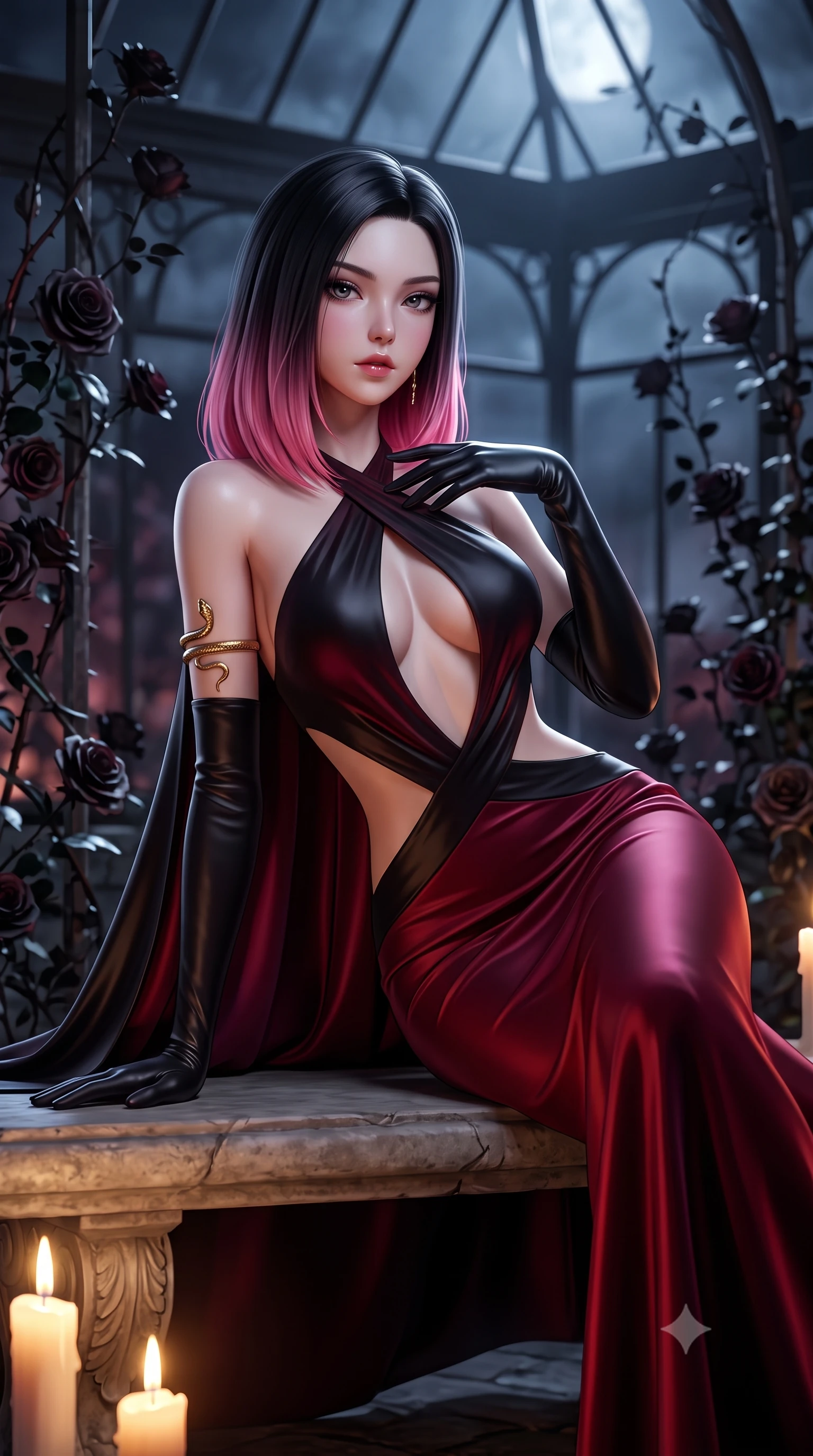 score_9, masterpiece, best quality, ultra-detailed, high-budget anime keyframe, semi-realistic 3D game render, editorial fashion photography, tasteful artistic composition, Korean woman. close-up cowboy shot from the waist and thighs up, the character dominates the composition, filling the frame with her large presence. resting one manicured hand delicately on her bare collarbone, her upper body twisting in a fluid, voluptuous yet slender curve while reclining languidly on an antique stone bench in a moonlit glasshouse orangerie as thorny black rose vines climb the iron rafters. The composition keeps background elements in soft focus with creamy bokeh. moonlit orangerie glass framework and blooming black rose petals blurred into deep obsidian, wine-ruby, and lunar-silver bokeh. She has an exceptionally elegant, slender, and willowy female figure with an ultra-slim waist, a gracefully sculpted slender torso, toned flat midriff, and a refined slim silhouette. sharp v-shaped jawline, high-bridge nose, intricate jewel-like eyes with depth, thick eyelashes, glossy parted lips with a natural sheen, intensely captivating and seductive expression, flawlessly proportioned anatomical accuracy, strict slender model proportions, natural body alignment, perfectly sculpted long slender limbs, ultra-slim waistline, clean dynamic posture without body distortion. wearing a gothic siren halter-neck dress with dramatic diagonal torso cutouts and a trailing floor-length silk cape in dramatic crimson and polished obsidian, tailored from liquid silk jersey adhering flawlessly to her slender build, accessorized with opera-length black satin gloves and gold serpent armlet, the glove-like aerodynamic second-skin fit tightly clinging to her ultra-slender waist and feminine curves without adding bulk. bathed in cold lunar moonlight from above and warm flickering candle uplights from below. highly saturated vibrant anime colors, detailed shading with soft gradients, rich glossy textures, high-contrast stereoscopic depth, volumetric dynamic lighting, master piece, 9:16 ratio