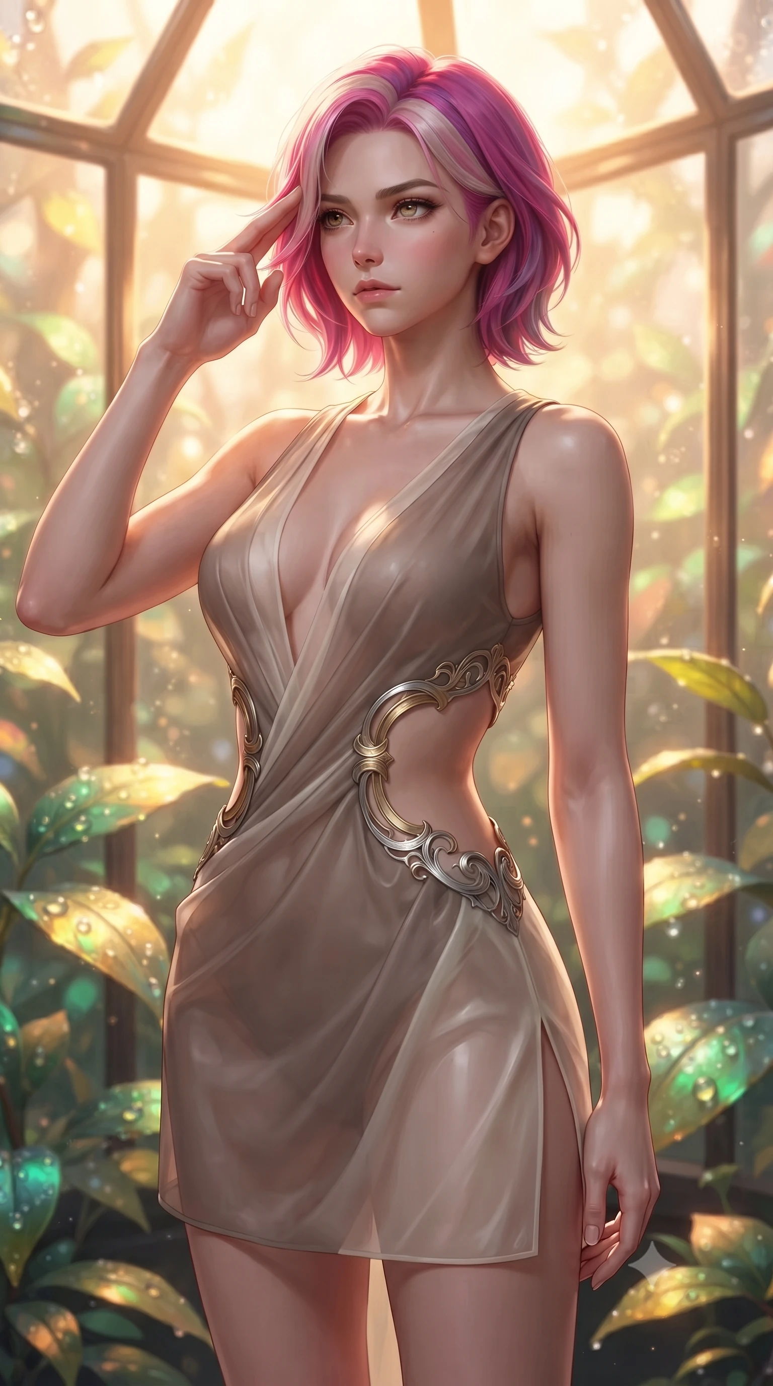 score_9, masterpiece, best quality, ultra-detailed, high-budget anime keyframe, editorial fashion photography, tasteful artistic composition, Caucasian woman. close-up cowboy shot from the waist and thighs up, the character dominates the composition, filling the frame with her large presence, background elements kept in soft focus. Pressing two fingers to her temple in a composed thoughtful gesture with an air of magnetic charisma interacting with a floating biomorphic pollen orb in a sunlit sanctuary, dewdrops on bioluminescent leaves reflecting vibrant emerald and gold. She has an exceptionally elegant, slender, and willowy female figure with an ultra-slim waist, a gracefully sculpted slender torso, and a refined silhouette. sharp v-shaped jawline, high-bridge nose, intricate jewel-like eyes with depth, thick eyelashes, glossy lips with a natural sheen. wearing a dramatic open-waist cutout mini dress framed by sculptural hardware in muted taupe and soft ivory, woven from fine semi-opaque sheer organza, finished with a sleek side slit ascending to mid-thigh, the elegant draped fit framing her graceful clavicle and slender torso. lit by warm golden-hour rays cascading through crystalline glass panes. ultra-reflective glossy finish, specular highlights, metallic sheen, high-contrast stereoscopic depth, volumetric dynamic lighting, 2k, ultra detail, master piece, 9:16 ratio