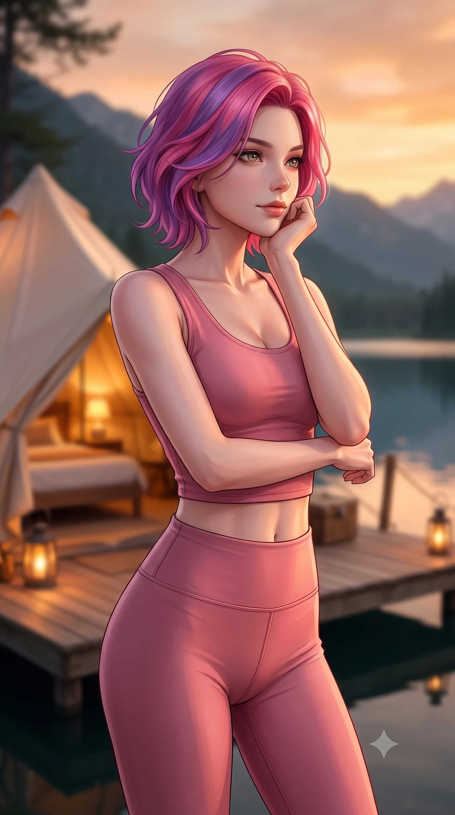 score_9, masterpiece, best quality, ultra-detailed, high-budget anime keyframe, editorial fashion photography, tasteful artistic composition, Caucasian woman woman. close-up cowboy shot from the waist and thighs up, the character dominates the composition, filling the frame with her large presence, background elements kept in soft focus. resting her chin on her hand, looking out at the beautiful scenery with a soft smile the background shows a soft-focus a luxury glamping tent on a wooden deck by a calm lake surrounded by mountains. She has an exceptionally elegant, slender, and willowy female figure with an ultra-slim waist, a gracefully sculpted slender torso, and a refined silhouette. sharp v-shaped jawline, high-bridge nose, intricate jewel-like eyes with depth, thick eyelashes, glossy lips with a natural sheen. wearing a tailored body-hugging rose pink crop tank top paired with high-waisted tight-fitting leggings. warm lantern light mixing with the orange sunset glow of the sky. 2k, ultra detail, master piece, 9:16 ratio