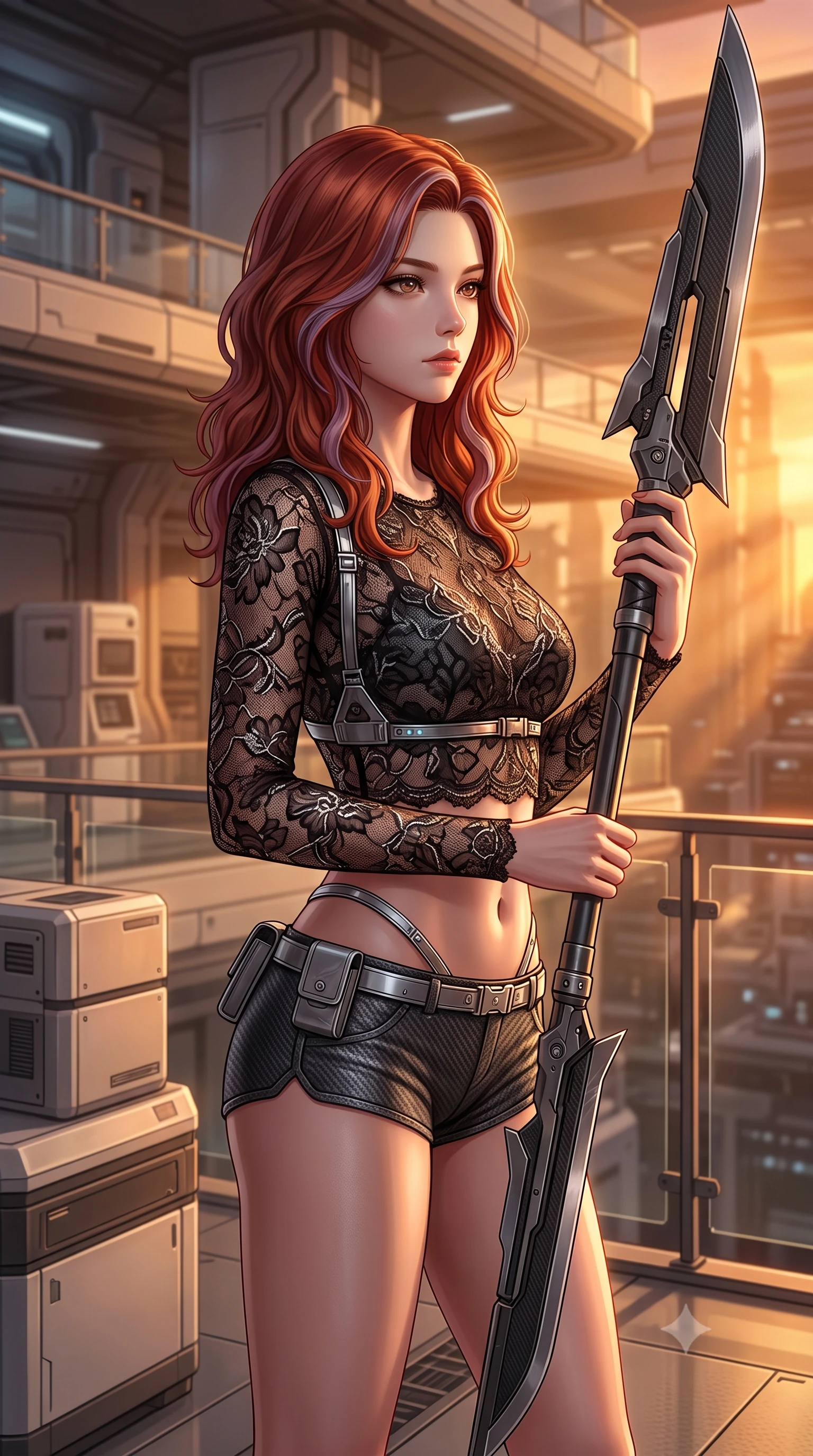 score_9, masterpiece, best quality, ultra-detailed, high-budget anime keyframe, editorial fashion photography, tasteful artistic composition, Caucasian woman. close-up cowboy shot from the waist and thighs up, the character dominates the composition, filling the frame with her large presence, background elements kept in soft focus. holding a deactivated nanotech glaive, looking past the camera with quiet, sharp focus and a composed expression, the background shows a soft-focus a private research balcony in a replicator facility at sunset. She has an exceptionally elegant, slender, and willowy female figure with an ultra-slim waist, a gracefully sculpted slender torso, and a refined silhouette. sharp v-shaped jawline, high-bridge nose, intricate jewel-like eyes with depth, thick eyelashes, glossy lips with a natural sheen. wearing a tailored sheer lace long-sleeve crop top paired with low-cut carbon-fiber hotpants and a thin chrome harness. late afternoon sun casting a majestic golden glow over the clean composite walls. highly saturated vibrant anime colors, detailed shading with soft gradients, rich glossy textures, high-contrast stereoscopic depth, volumetric dynamic lighting, master piece, 9:16 ratio