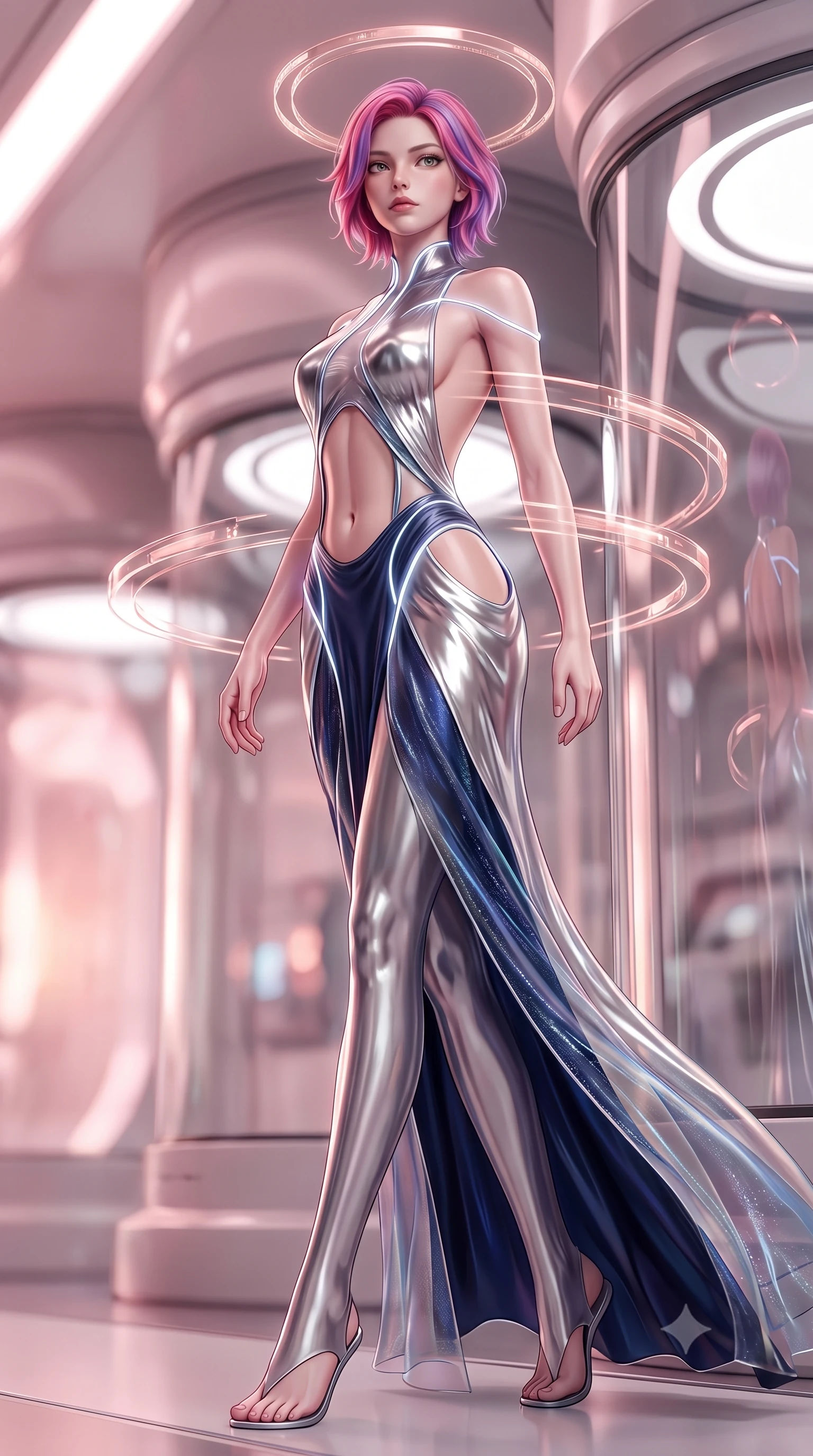 score_9, masterpiece, best quality, ultra-detailed, high-budget anime keyframe, semi-realistic 3D game render, editorial fashion photography, tasteful artistic composition, Caucasian woman. low angle full-body shot from head to toe showing her feet, filling the entire 9:16 vertical frame with her statuesque presence, stretching her vertical silhouette. striding forward with commanding supermodel grace, her 8.5-heads statuesque silhouette dominating the vertical frame from head to toe while pivoting dynamically beside the curved glass incubator as floating rose-gold holographic ring halos align around her. The composition keeps background elements in soft focus with creamy bokeh. curved crystal incubator cylinders and medical stasis architecture softened in dreamy shallow depth of field. She has an absolutely perfect, statuesque 8.5-heads proportion, an exceptionally tall and slender model-like female figure with impossibly long slender legs, a toned flat midriff, and an ultra-slim waist. sharp v-shaped jawline, high-bridge nose, intricate jewel-like eyes with depth, thick eyelashes, glossy lips with a natural sheen, flawlessly proportioned anatomical accuracy, strict slender model proportions, natural body alignment, perfectly sculpted long slender limbs, ultra-slim waistline, clean dynamic posture without body distortion. wearing a backless molten silver liquid-metal gown with a high-cut side slit and precision-fitted waist boning in deep midnight navy blue and pure starlight chrome, crafted from delicate iridescent organza interwoven with luminescent micro-fibers, accented with glowing fiber-optic seams tracing her collarbones and hip curves, the precision-cut daring openings accentuating her delicate midriff, graceful bare collarbones, and ultra-slim feminine waistline. bathed in soft glowing rose-gold and pink nanotech ambient radiance with pure white key lighting. rich saturated anime colors with glowing neon highlights, detailed shading with soft gradients, rich glossy textures, high-contrast stereoscopic depth, volumetric dynamic lighting, master piece, 9:16 ratio