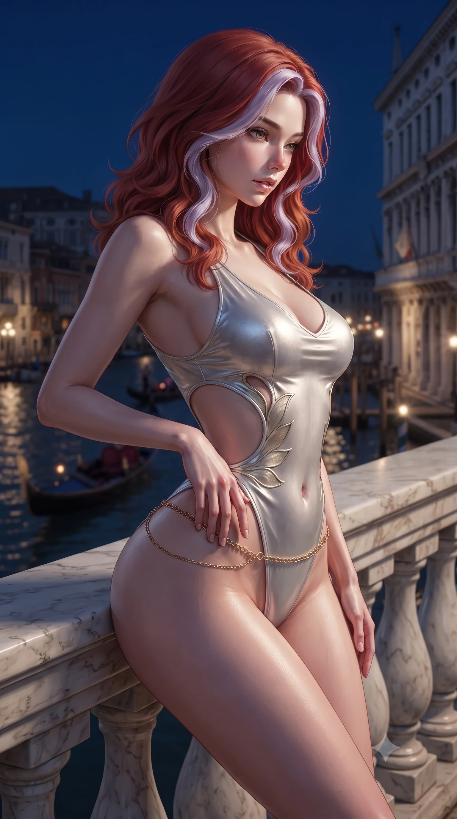 score_9, masterpiece, best quality, ultra-detailed, high-budget anime keyframe, editorial fashion photography, tasteful artistic composition, Caucasian woman. close-up cowboy shot from the waist and thighs up, the character dominates the composition, filling the frame with her large presence. resting one manicured hand delicately on her hip bone, her upper body turning in a fluid, seductive S-curve while parted lips glisten in the light while leaning against the marble balustrade of a Grand Canal palazzo with hips cocked back, gazing down at the passing gondolas with seductive bedroom-eyes. The surrounding environment is rendered in vivid detail and crisp panoramic clarity. rich high-contrast Venetian nocturnal chiaroscuro and decadent masquerade romance aesthetics in precision. She has an exceptionally elegant, slender, and willowy female figure with an ultra-slim waist, flat toned midriff, narrow ribcage, and sculpted feminine hips creating an alluring, slim hourglass silhouette without bulk. sharp v-shaped jawline, high-bridge nose, intricate jewel-like eyes with depth, thick eyelashes, glossy parted lips with a natural sheen, intensely captivating and seductive bedroom-eyes expression, flawlessly proportioned anatomical accuracy, strict slender model proportions, natural body alignment, perfectly sculpted long slender limbs, ultra-slim waistline, clean dynamic posture without body distortion. wearing a botanical cutout monokini with organic leaf-curve side openings and high-cut hip bands in shimmering silver mercury and pearl white, tailored from liquid silk jersey adhering flawlessly to her slender build, accented with a delicate gold chain belt resting loosely on her curvy hips, the liquid-tight tailored fabric clinging flawlessly to her narrow waist and rounded feminine hips, emphasizing every millimeter of her sculpted slim hourglass curves without any bulky heaviness. illuminated by crisp specular highlights defining her slender neckline, ultra-slim waist, and curvy hips. ultra-reflective glossy finish, specular highlights, rich textural contrasts, high-contrast stereoscopic depth, volumetric dynamic lighting, 2k, ultra detail, master piece, 9:16 ratio