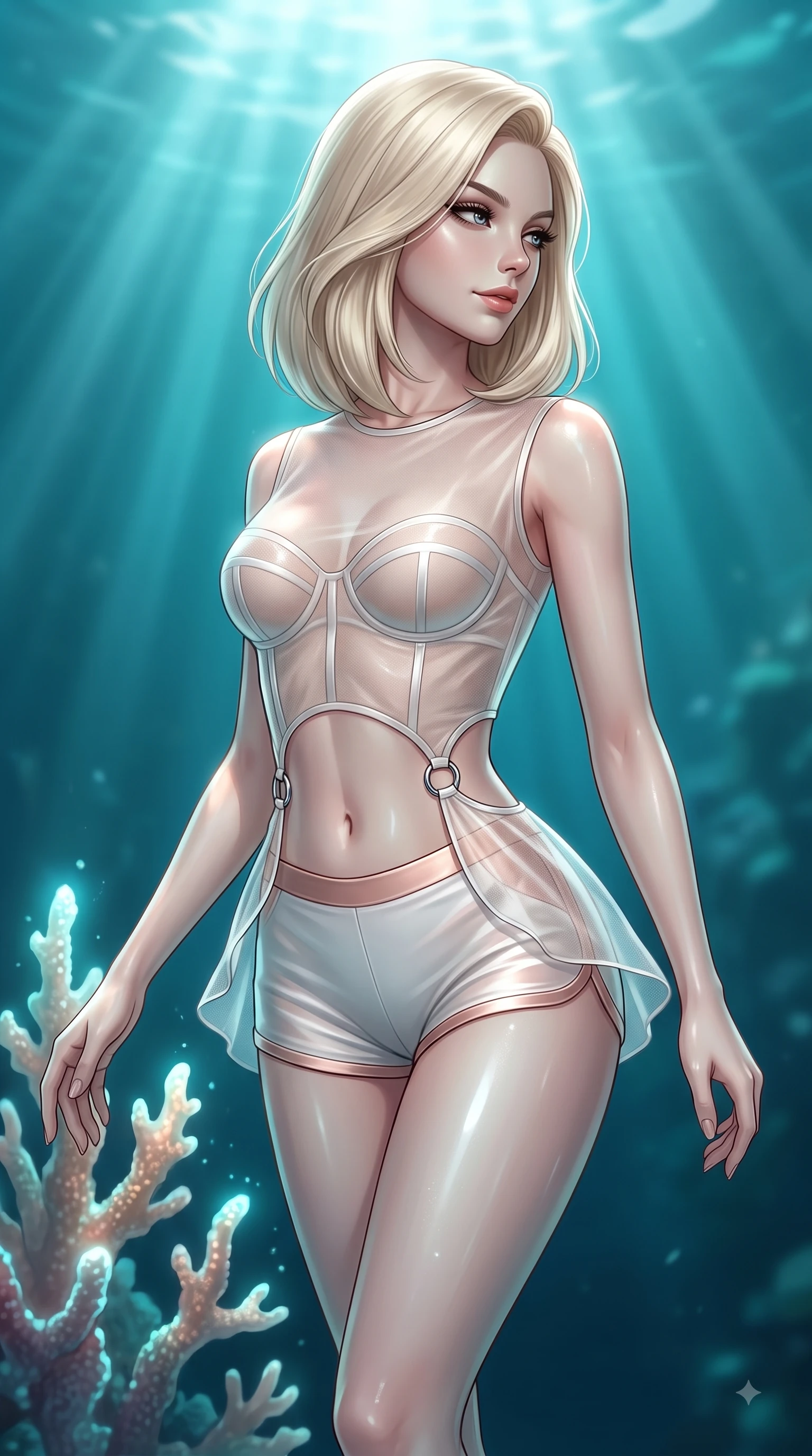 score_9, masterpiece, best quality, ultra-detailed, high-budget anime keyframe, editorial fashion photography, tasteful artistic composition, Caucasian woman. close-up cowboy shot from the waist and thighs up, the character dominates the composition, filling the frame with her large presence, background elements kept in soft focus. Casting a seductive sidelong gaze over her bare shoulder with heavy lashes and a composed half-smile while floating dynamically near a glowing coral spire as sunbeams penetrate deep turquoise ocean rays, gentle ocean currents swaying her lightweight attire in fluid underwater motions. She has an exceptionally elegant, slender, and willowy female figure with an ultra-slim waist, a gracefully sculpted slender torso, and a refined silhouette. sharp v-shaped jawline, high-bridge nose, intricate jewel-like eyes with depth, thick eyelashes, glossy lips with a natural sheen, flawlessly proportioned anatomical accuracy, natural body alignment, perfectly sculpted elegant limbs, clean dynamic posture without body distortion. wearing a delicate see-through mesh top with structured cup boning and micro-shorts in pearl white and rose gold, woven from fine semi-opaque sheer organza, accented with delicate chrome ring hardware framing her waist, the form-contouring material highlighting her ultra-slim waist and long lines. bathed in brilliant underwater sunbeams and soft turquoise caustic glow. ultra-reflective glossy finish, specular highlights, metallic sheen, high-contrast stereoscopic depth, volumetric dynamic lighting, 2k, ultra detail, master piece, 9:16 ratio
