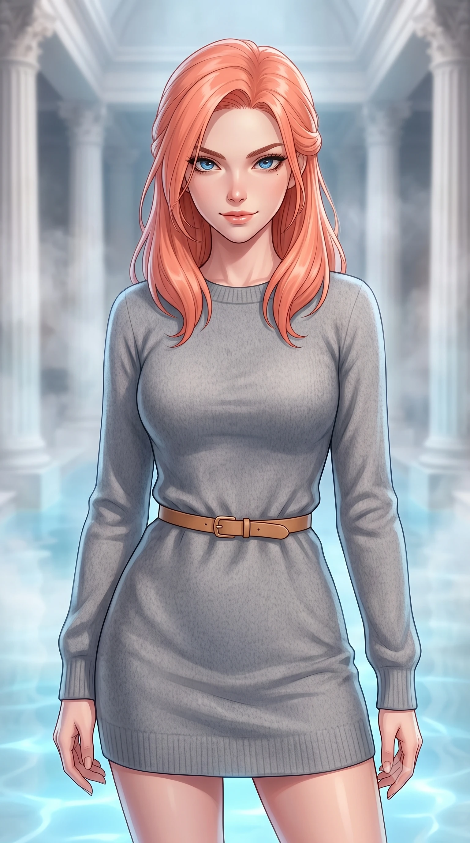 score_9, masterpiece, best quality, ultra-detailed, high-budget anime keyframe, editorial fashion photography, tasteful artistic composition, Japanese woman. close-up cowboy shot from the waist and thighs up, the character dominates the composition, filling the frame with her large presence, background elements kept in soft focus. Exhibiting a confident, playful smirk directly into the camera. set against a soft-focus background of inside a grand roman bath chamber with columns of white travertine, the steaming thermal waters glowing with an opaline blue light. She has an exceptionally elegant, slender, and willowy female figure with a highly-defined ultra-slim waist, a gracefully sculpted slender torso, and a refined slim-fit silhouette that contours her form. sharp v-shaped jawline, high-bridge nose, intricate jewel-like eyes with depth, thick eyelashes, glossy lips with a natural sheen. wearing a soft grey wool-blend sweater dress with long sleeves, paired with a thin camel-colored leather belt. soft diffused steam light mixed with a gentle blue underwater glow illuminating the white stone columns. 2k, ultra detail, master piece, 9:16 ratio