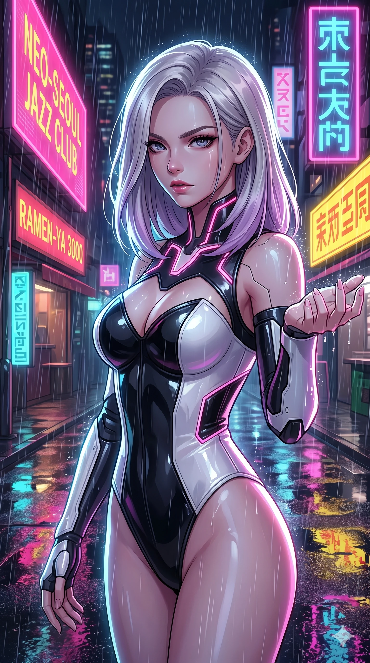 score_9, masterpiece, best quality, ultra-detailed, high-budget anime keyframe, Caucasian woman, strictly human ears. Upper body close-up from the thighs up, character filling the screen for maximum presence. She is turning around sharply in a futuristic night market, with rain reflections on wet asphalt. She reaches out a hand to catch neon-lit rain droplets with an intense, magnetic gaze. She has an absolutely perfect 8-heads proportion, a tall and elegant figure with a refined silhouette and a defined waistline. V-shaped jawline, high-bridge nose, intricate jewel-like eyes with depth, thick eyelashes, glossy lips with a natural sheen. She is wearing a structured cybernetic bodice in glossy vinyl panels, paired with detached sleeves and a refined V-neckline detailed with glowing piping. The scene is lit by bright pink and yellow neon billboards and a sharp white key light tracing her silhouette. 2k, ultra detail, master piece, 9:16 ratio