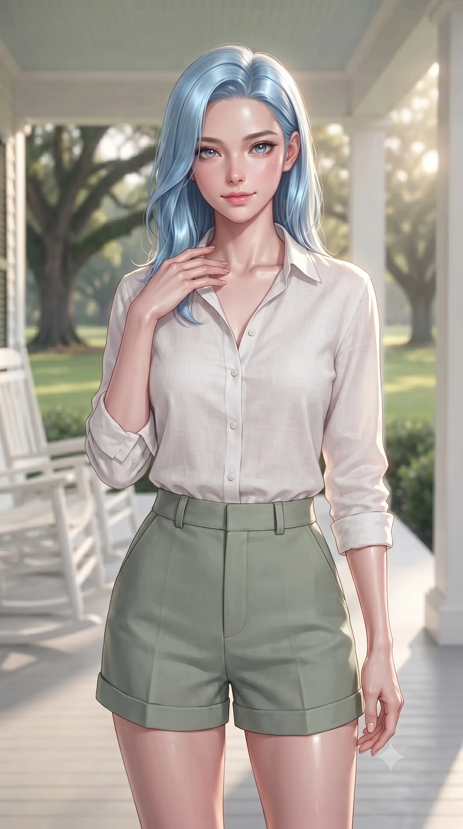 score_9, masterpiece, best quality, ultra-detailed, high-budget anime keyframe, editorial fashion photography, tasteful artistic composition, Korean woman woman. close-up cowboy shot from the waist and thighs up, the character dominates the composition, filling the frame with her large presence, background elements kept in soft focus. standing with one hand resting on her collarbone, looking at the viewer with bedroom-eyes the background shows a soft-focus a wide white veranda with rocking chairs, overlooking a large green lawn with oak trees. She has an exceptionally elegant, slender, and willowy female figure with an ultra-slim waist, a gracefully sculpted slender torso, and a refined silhouette. sharp v-shaped jawline, high-bridge nose, intricate jewel-like eyes with depth, thick eyelashes, glossy lips with a natural sheen. wearing a slim-fit comfortable linen button-down shirt in white, tucked into high-waisted sage green shorts. soft late afternoon sunbeams casting a nostalgic, peaceful glow. ultra-reflective glossy finish, specular highlights, metallic sheen, high-contrast stereoscopic depth, volumetric dynamic lighting, 2k, ultra detail, master piece, 9:16 ratio