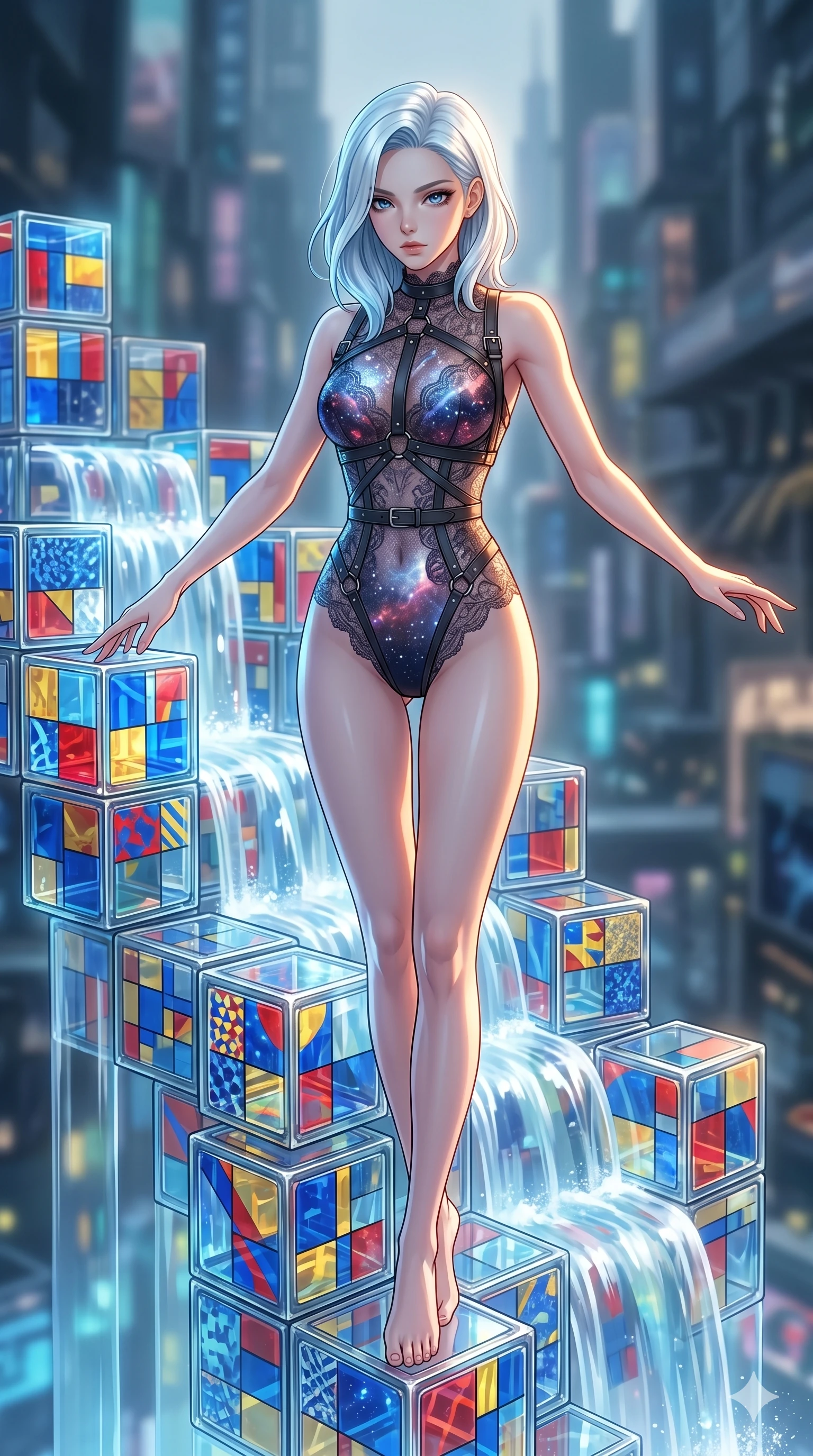score_9, masterpiece, best quality, ultra-detailed, high-budget anime keyframe, Korean woman. upper body close-up from the thighs up, character filling the screen for maximum presence. balancing on cubist glass blocks that cascade like a waterfall, reflecting complex mosaic patterns and primary colors. She has an absolutely perfect 8-heads proportion, an exceptionally tall and slender female figure with impossibly long slender legs and an ultra-slim waist. V-shaped jawline, high-bridge nose, intricate jewel-like eyes with depth, thick eyelashes, glossy lips with a natural sheen.. wearing a gothic nebula lace bodysuit, featuring a semi-opaque sculptural lace bodysuit with cosmic nebula patterns, reinforced by matte leather straps. lit by a soft glowing ambient light and a sharp side key light that traces the sleek contours of her athletic build. 2k, ultra detail, master piece, 9:16 ratio