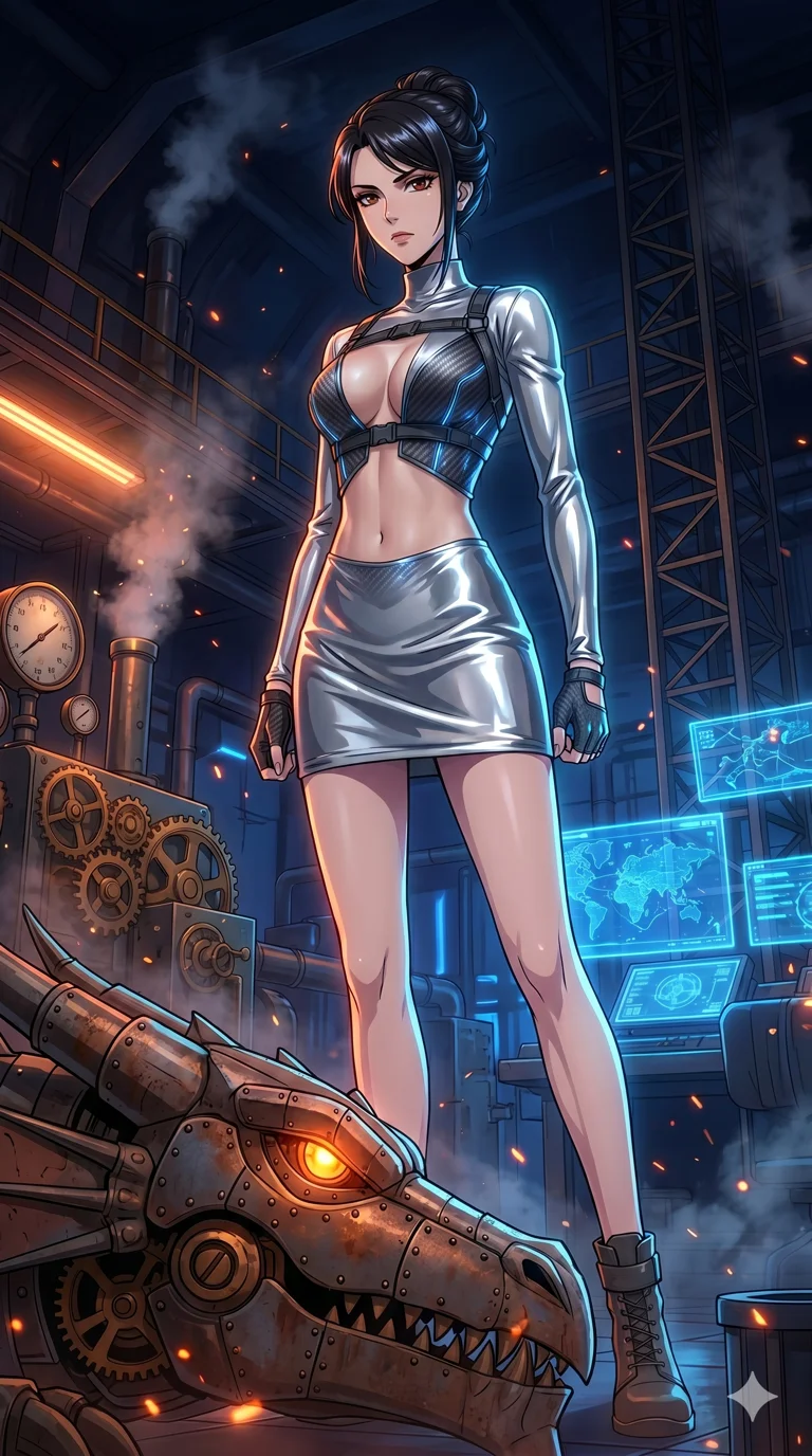 score_9, masterpiece, best quality, ultra-detailed, High-budget Anime Keyframe, vibrant colors, fluid line-art, expressive lighting, cinematic composition, Ufotable-style visual effects, top-tier animation quality, Japanese woman with delicate and elegant anime-inspired features. Dramatic low angle looking up at her majestic stature, dominating the vertical space of the composition. Staring down a colossal mechanical dragon within a sprawling steampunk workshop, steam and embers filling the air. She has an absolutely perfect 8-heads proportion, an exceptionally tall and slender female figure with impossibly long slender legs and an ultra-slim waist, her statuesque height and towering silhouette dominating the vertical 9:16 frame. Her face is a masterpiece featuring a sharp v-shaped jawline, high-bridge nose, intricate jewel-like eyes with depth, thick eyelashes, and glossy lips with a natural sheen. She is wearing a Liquid mercury fabric dress that clings perfectly to her every curve with a deep plunging neckline crafted from Carbon-fiber weave with a high-tech matte finish and integrated glowing filaments, with an exposed midriff and a complex harness system that draws the eye. The scene is set in an underground rebel bunker with flickering holographic screens and tactical maps, illuminated by harsh neon light and deep shadows creating a high-contrast noir aesthetic. 2k, ultra detail, master piece, 9:16 ratio