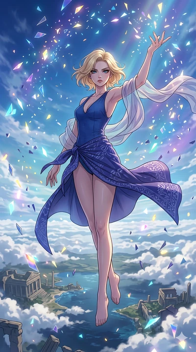 score_9, masterpiece, best quality, ultra-detailed, high-budget anime movie keyframe, cinematic anime lighting, intricate line art, Japanese woman. Mid-air action shot capturing a graceful twist and vertical silhouette. casting a spell that shatters 