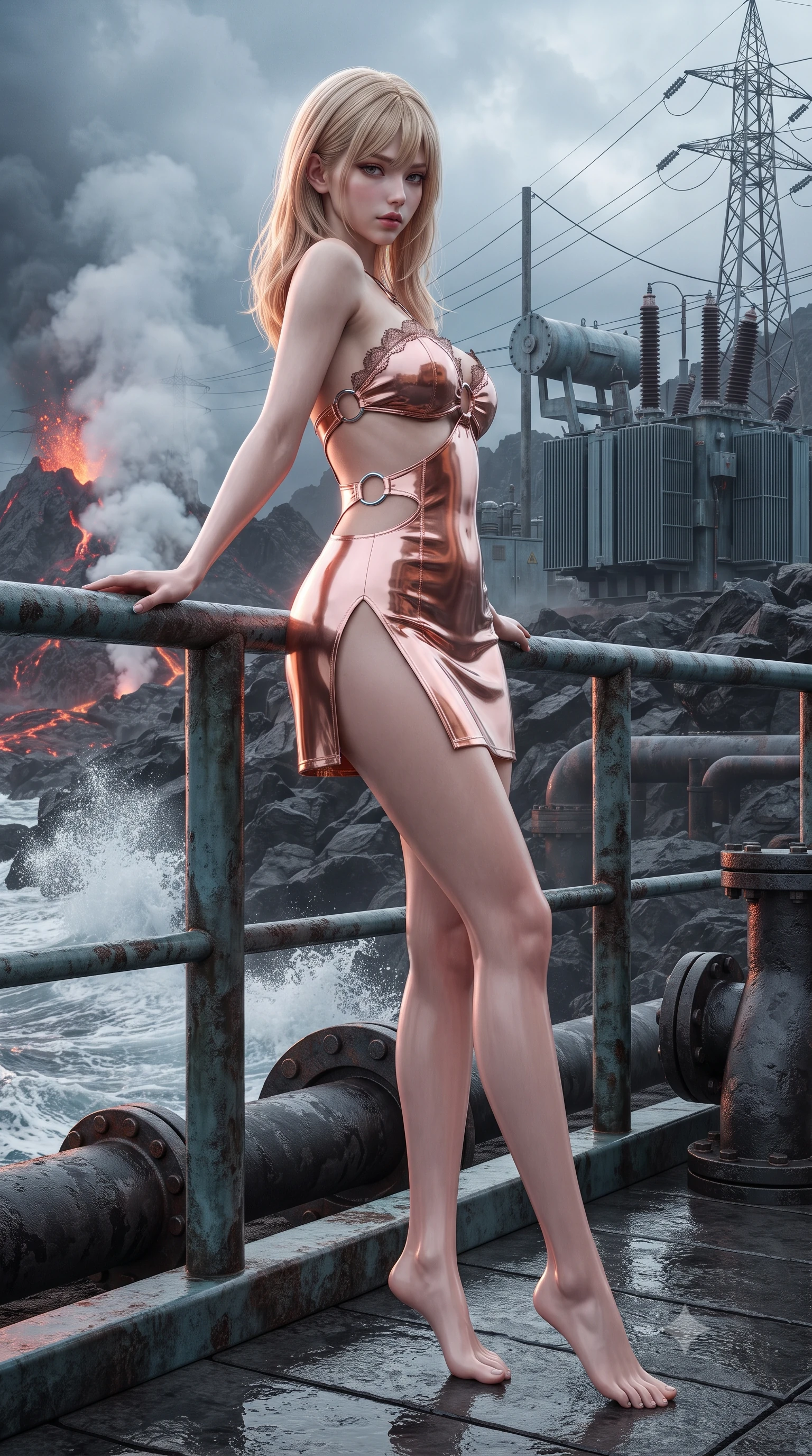 score_9, masterpiece, best quality, ultra-detailed, high-budget anime keyframe, editorial fashion photography, tasteful artistic composition, Japanese woman. low angle full-body shot from head to toe showing her feet, filling the entire 9:16 vertical frame with her statuesque presence, stretching her vertical silhouette. walking along the terrace with poise, looking back over her bare shoulder with an irresistible smoldering bedroom-gaze while leaning against the weathered industrial rail with hips cocked back, looking through rising volcanic steam at towering electrical transformers with heavy-lidded bedroom-eyes. The surrounding environment is rendered in vivid detail and crisp panoramic clarity: sharp cooled black basalt crust textures, heavy industrial pipe flanges, and foaming ocean spray in deep focus. She has an exceptionally tall and slender model-like 8.5-heads proportion, an ultra-slim waist, a flat toned midriff, narrow delicate ribcage, and beautifully sculpted feminine hips creating a graceful, slim hourglass silhouette without any bulky heaviness, with impossibly long slender legs. sharp v-shaped jawline, high-bridge nose, intricate jewel-like sparkling eyes with depth, thick eyelashes, glossy parted lips with a natural peach sheen, bright cheerful beaming smile with an enchanting and coquettish sensual glint, exuding both youthful cute charm and seductive allure, flawlessly proportioned anatomical accuracy, strict slender model proportions, natural body alignment, perfectly sculpted long slender limbs, ultra-slim waistline, clean dynamic posture without body distortion. wearing a provocative open-waist combat cutout mini dress framed by polished chrome ring hardware and thigh-high slit in high-gloss rose-gold and burnished copper, tailored from high-gloss patent leather with mirror-like specular highlights, finished with scalloped eyelash lace trim framing her sweetheart neckline with intimate elegance, the glove-like clinging cut tightly following the natural contour of her hips and long slender legs with youthful 8.5-heads elegance. illuminated by wet basalt deck reflection bounce and sharp magma-orange rim lights sculpting her razor-sharp jawline, narrow waist, and curvy hips. ultra-reflective glossy finish, specular highlights, rich textural contrasts, high-contrast stereoscopic depth, volumetric dynamic lighting, 2k, ultra detail, master piece, 9:16 ratio