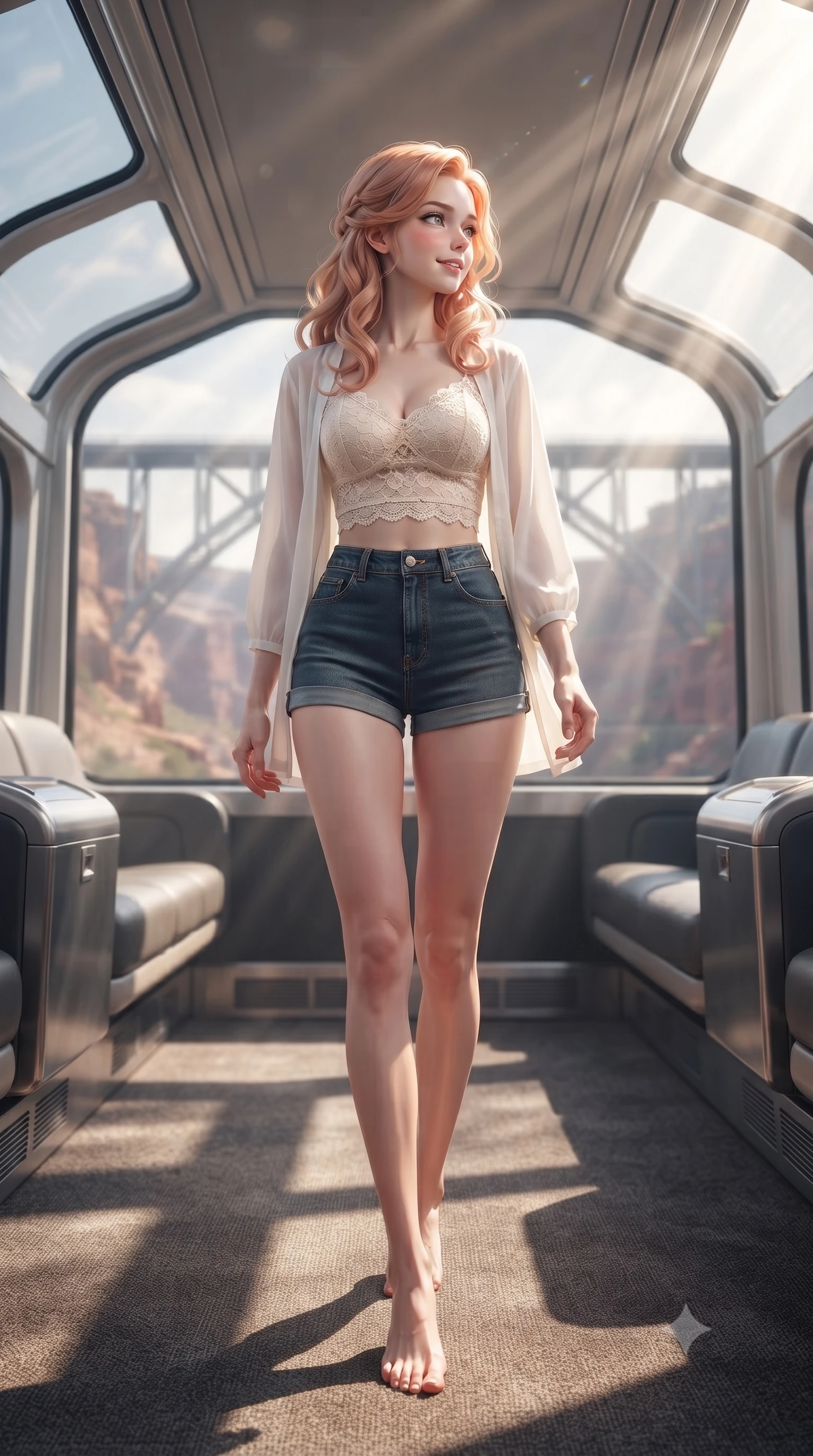 score_9, masterpiece, best quality, ultra-detailed, high-budget anime keyframe, editorial fashion photography, tasteful artistic composition, Japanese woman. low angle full-body shot from head to toe showing her feet, filling the entire 9:16 vertical frame with her statuesque presence, stretching her vertical silhouette. stepping gracefully while looking back over her shoulder, her dress draped tightly to reveal her silhouette the background shows a soft-focus the upper deck lounge of a double-decker scenic train crossing a canyon bridge. She has an absolutely perfect, statuesque 8.5-heads proportion, an exceptionally tall and slender model-like female figure with impossibly long slender legs and an ultra-slim waist. sharp v-shaped jawline, high-bridge nose, intricate jewel-like eyes with depth, thick eyelashes, glossy lips with a natural sheen. wearing a body-hugging delicate lace crop top in cream, worn under a semi-opaque chiffon cardigan and denim shorts. volumetric sunbeams slicing through the glass panels, creating dramatic light rays. ultra-reflective glossy finish, specular highlights, metallic sheen, high-contrast stereoscopic depth, volumetric dynamic lighting, 2k, ultra detail, master piece, 9:16 ratio