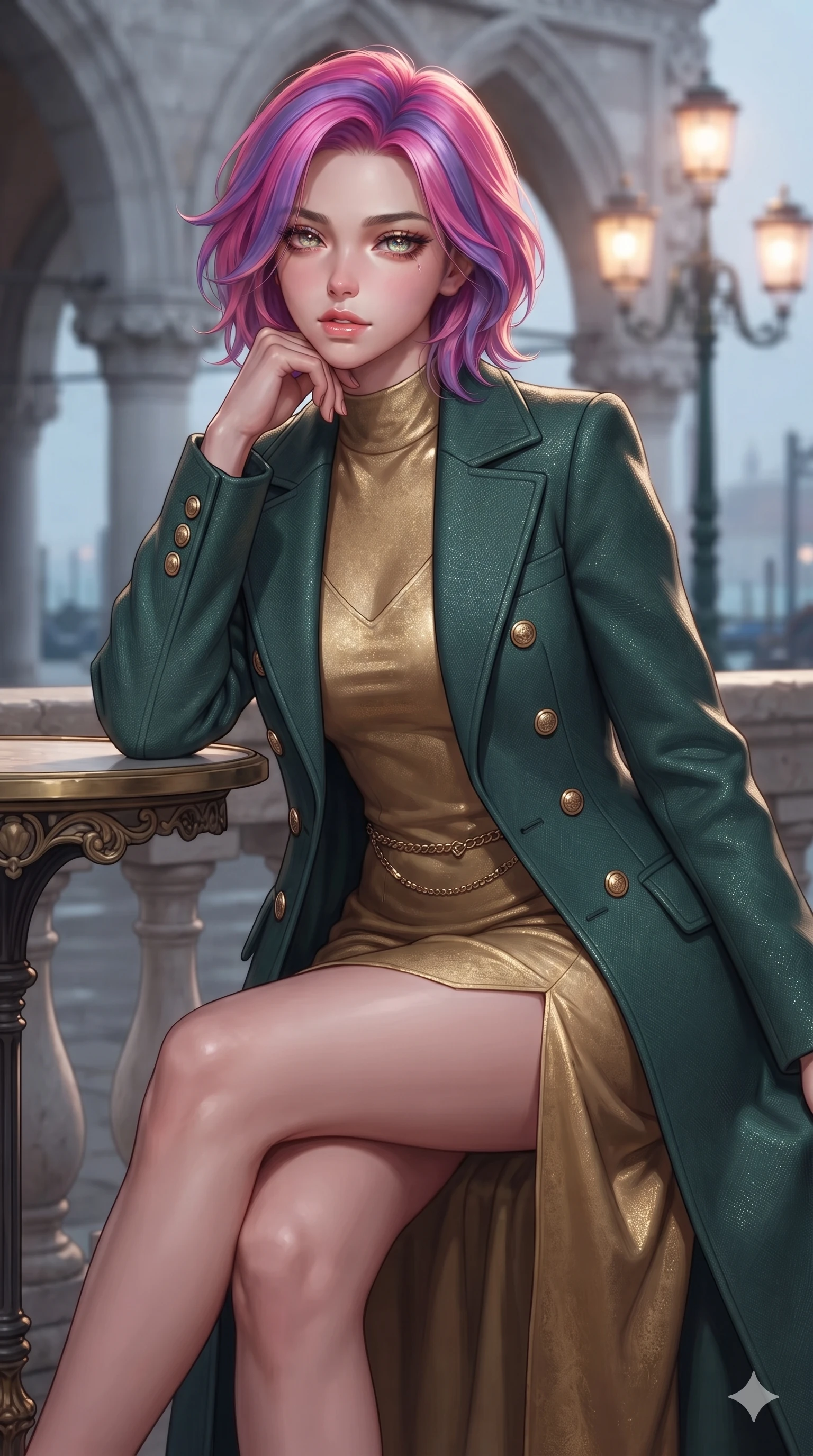 score_9, masterpiece, best quality, ultra-detailed, high-budget anime keyframe, editorial fashion photography, tasteful artistic composition, Caucasian woman. close-up cowboy shot from the waist and thighs up, the character dominates the composition, filling the frame with her large presence. resting one elbow on the table and supporting her chin, leaning close to the camera with heavy-lidded sparkling eyes and parted lips while sitting poised on the classical stone balustrade with one knee bent, her wind-fluttered dress revealing a tantalizing glimpse of her long slender leg. The background shows a soft-focus soaring gothic stone arches, glowing historic gas lanterns, and distant misty lagoon waters blurred into cobalt, amber, and alabaster bokeh. She has an exceptionally elegant, slender, and willowy female figure with an ultra-slim waist, flat toned midriff, narrow ribcage, and sculpted feminine hips creating an alluring, slim hourglass silhouette without bulk. sharp v-shaped jawline, high-bridge nose, intricate jewel-like sparkling eyes with depth, thick eyelashes, glossy parted lips with a natural sheen, intensely captivating and seductive bedroom-eyes expression, exuding both youthful cute charm and sovereign luxury allure, flawlessly proportioned anatomical accuracy, strict slender model proportions, natural body alignment, perfectly sculpted long slender limbs, ultra-slim waistline, clean dynamic posture without body distortion. wearing a structured Belle Époque cashmere opera greatcoat with polished brass crest buttons layered over a high-neck slip in celadon jade and antique gold-leaf, woven from high-density tech-wool with subtle metallic thread weave, accented with a delicate gold chain belt resting loosely on her curvy hips, the bespoke structured tailoring following the natural line of her 8.5-heads silhouette with refined elegance. illuminated by pavement reflection bounce and sharp gold-sapphire rim lights defining her razor-sharp jawline, narrow waist, and curvy hips. ultra-reflective glossy finish, specular highlights, rich textural contrasts, high-contrast stereoscopic depth, volumetric dynamic lighting, 2k, ultra detail, master piece, 9:16 ratio