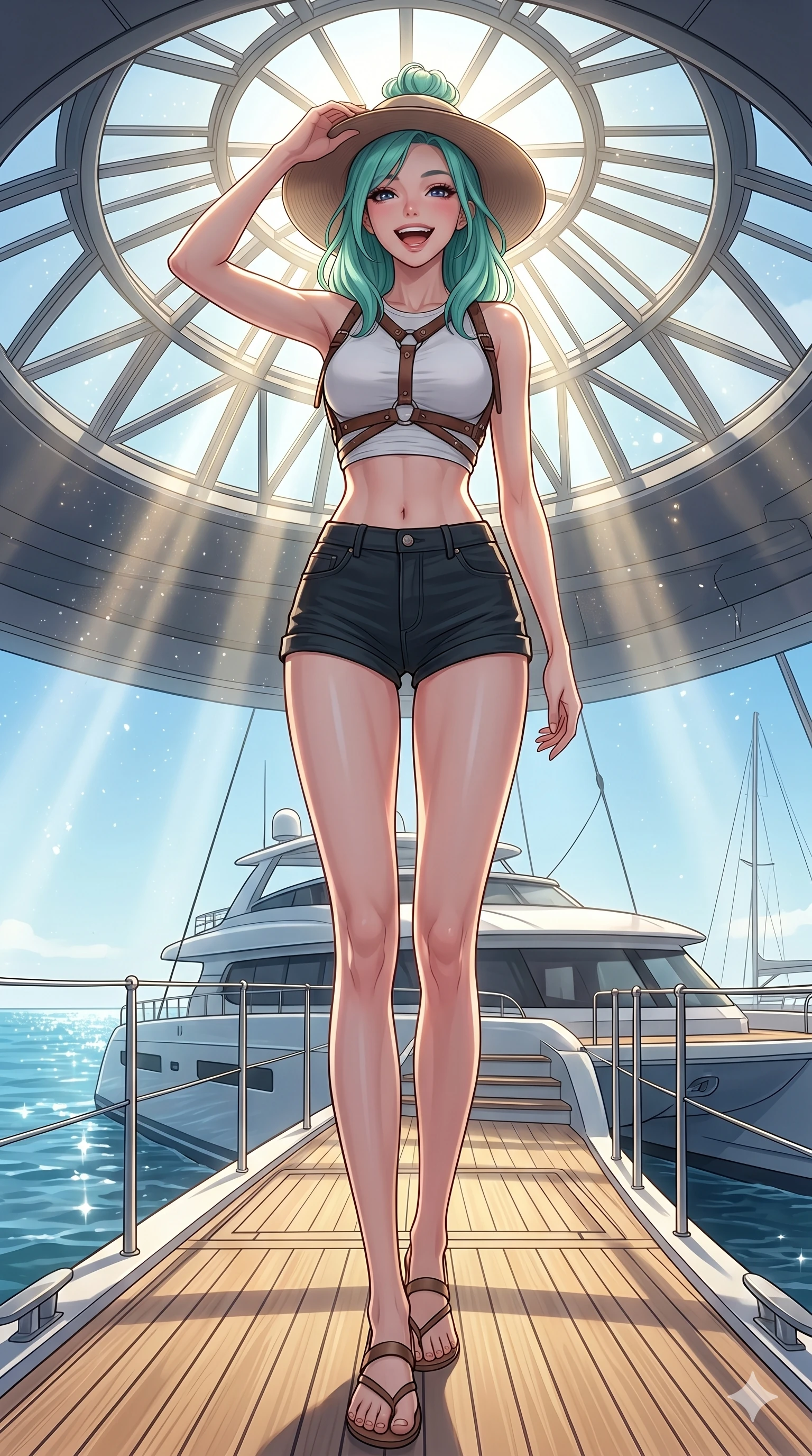 score_9, masterpiece, best quality, ultra-detailed, high-budget anime keyframe, vibrant anime aesthetic, Japanese woman. low angle full-body shot from head to toe showing her feet, filling the entire 9:16 vertical frame with her statuesque presence, stretching her vertical silhouette. She is laughing cheerfully while adjusting her hat in the bright afternoon sun on the deck of a sleek catamaran sailing under a clear sky (Code-P20-047). She has an absolutely perfect 8-heads proportion, an exceptionally tall and slender female figure with impossibly long slender legs and an ultra-slim waist. V-shaped jawline, high-bridge nose, intricate jewel-like eyes with depth, thick eyelashes, glossy lips with a natural sheen. wearing a leather harness over a crop top exposing her midriff and micro-shorts. She is illuminated by dramatic, volumetric sunlight streaming through a glass atrium dome. 2k, ultra detail, master piece, 9:16 ratio