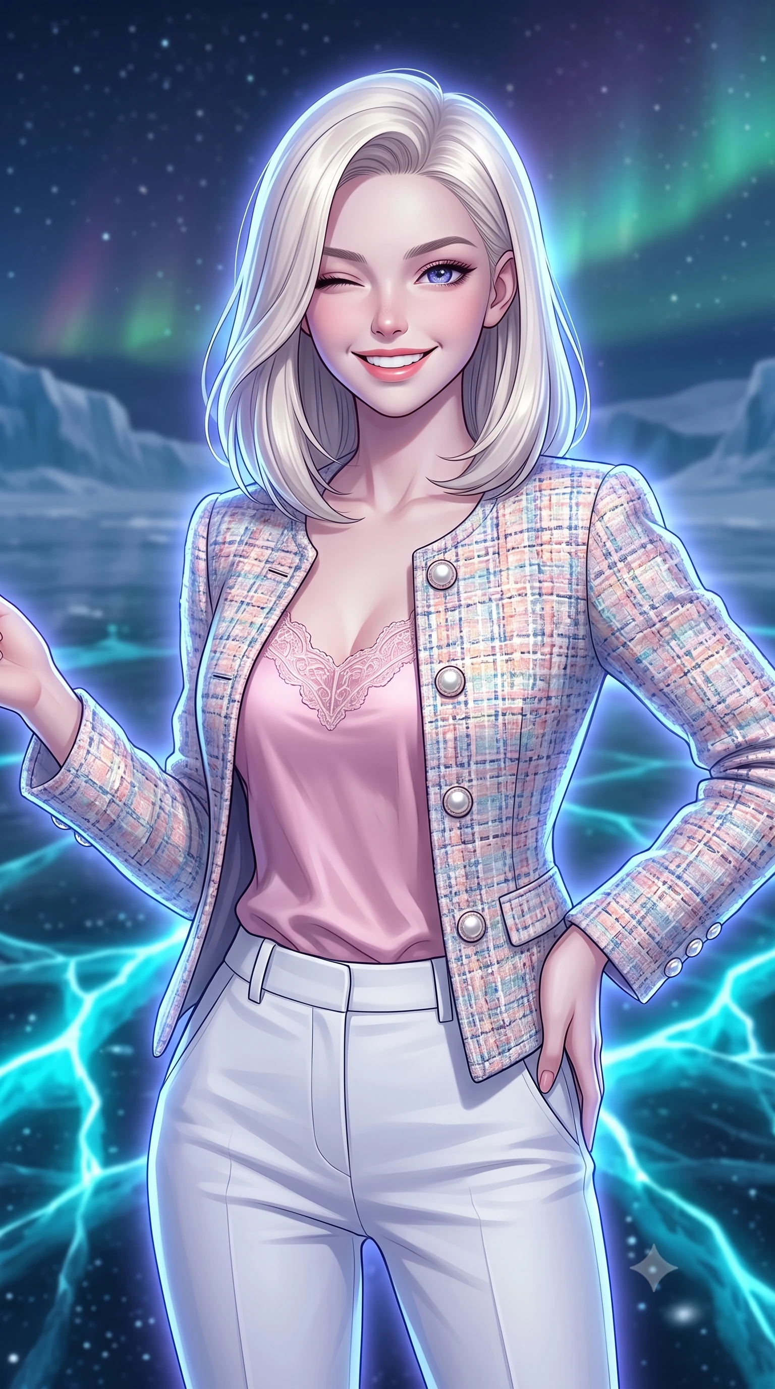 score_9, masterpiece, best quality, ultra-detailed, high-budget anime keyframe, editorial fashion photography, tasteful artistic composition, Caucasian woman, strictly human ears. close-up cowboy shot from the waist and thighs up, the character dominates the composition, filling the frame with her large presence, background elements kept in soft focus. Winking playfully with a cheerful grin and a lighthearted expression. set against a soft-focus background of on a frozen arctic glacier where the ice cracks glow with neon cyan bioluminescent light, reflecting the starry night sky and a faint aurora. She has an exceptionally elegant, slender, and willowy female figure with a highly-defined ultra-slim waist, a gracefully sculpted slender torso, and a refined slim-fit silhouette that contours her form. sharp v-shaped jawline, high-bridge nose, intricate jewel-like eyes with depth, thick eyelashes, glossy lips with a natural sheen. wearing a tailored slim-fit tweed jacket with pearl buttons over a pink silk camisole and white trousers. cool ethereal blue-violet bioluminescent glow wrapping around her from all sides. 2k, ultra detail, master piece, 9:16 ratio