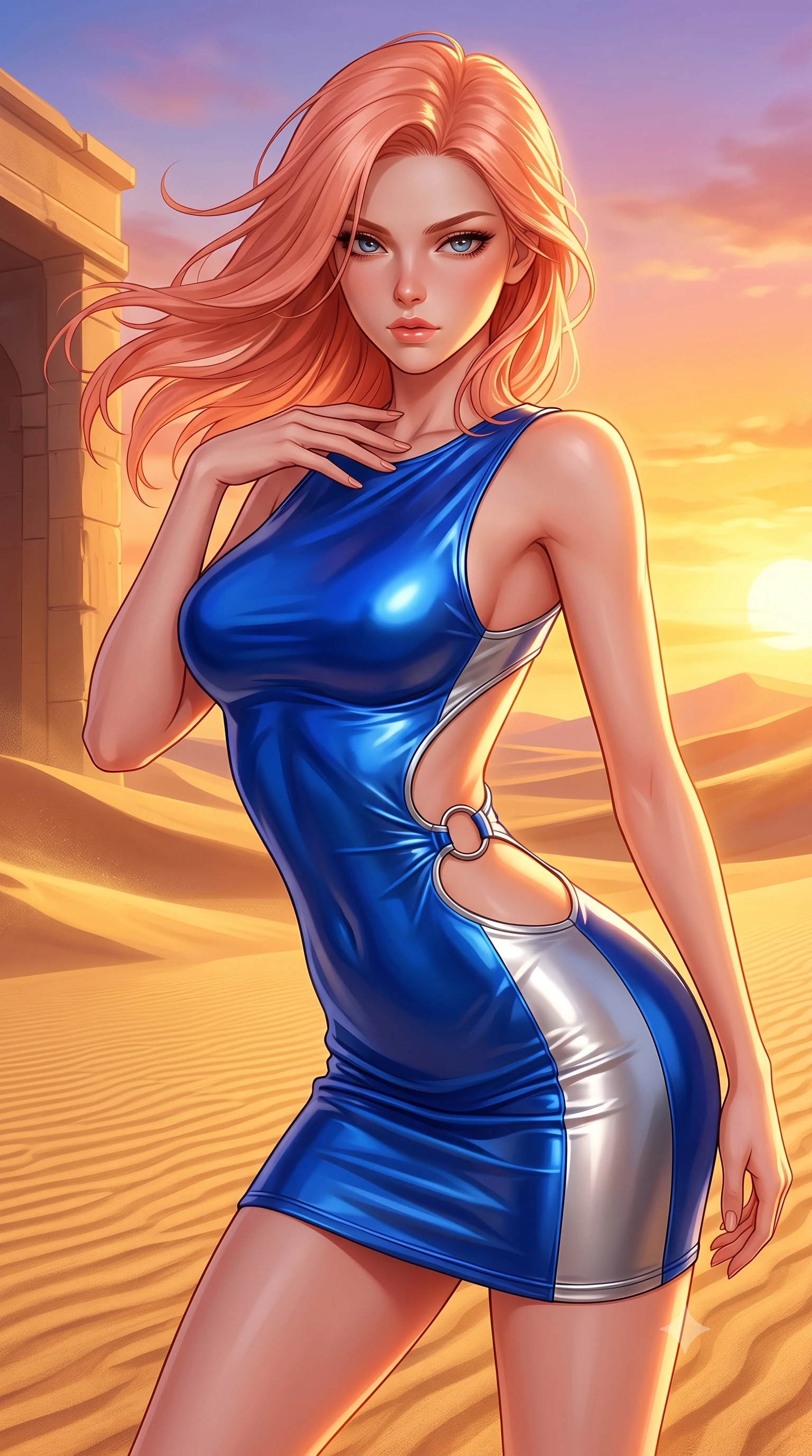 score_9, masterpiece, best quality, ultra-detailed, high-budget anime keyframe, semi-realistic 3D game render, editorial fashion photography, tasteful artistic composition, Japanese woman. close-up cowboy shot from the waist and thighs up, the character dominates the composition, filling the frame with her large presence. leaning forward with a dangerous, enticing smolder, resting one hand near her collarbone while casting a fiery, magnetic direct gaze while stretching her slender torso in an alluring back-arch as desert breezes swirl warm golden light around her. The surrounding environment is rendered in vivid detail and crisp panoramic clarity. crisp golden sand ripple patterns, glowing sunset sky gradients, and clean architectural lines in high clarity. She has an exceptionally elegant, slender, and willowy female figure with an ultra-slim waist, a gracefully sculpted slender torso, toned flat midriff, and a refined slim silhouette. sharp v-shaped jawline, high-bridge nose, intricate jewel-like eyes with depth, thick eyelashes, glossy lips with a natural sheen, flawlessly proportioned anatomical accuracy, strict slender model proportions, natural body alignment, perfectly sculpted long slender limbs, ultra-slim waistline, clean dynamic posture without body distortion. wearing a second-skin fashion-latex mini dress with a clean architectural front, featuring an open-back design that wraps around the sides of her waist, showcasing her slender silhouette in liquid electric cobalt blue and polished silver, made of liquid metal jersey that clings flawlessly to every contour of her build, detailed with polished silver rings connecting the daring side-waist cutouts, the liquid-tight tailored fabric emphasizing every curve of her tall, slender model proportions and sculptured silhouette during dynamic movement. bathed in blazing golden hour sunset radiance and warm amber horizon fill light. highly saturated vibrant anime colors, detailed shading with soft gradients, rich glossy textures, high-contrast stereoscopic depth, volumetric dynamic lighting, master piece, 9:16 ratio