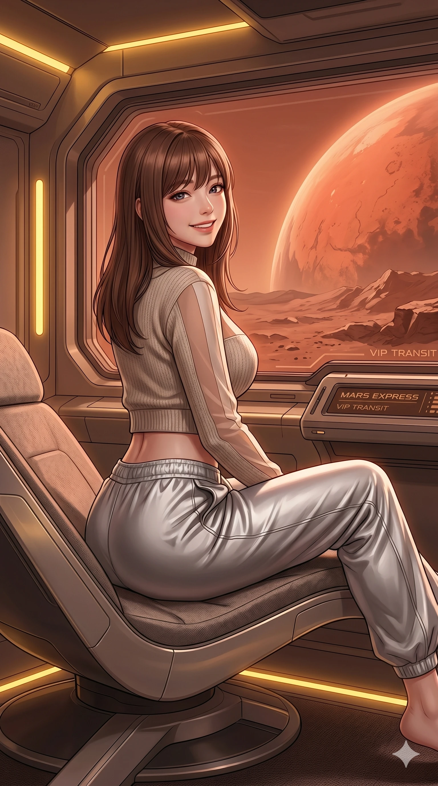 score_9, masterpiece, best quality, ultra-detailed, high-budget anime keyframe, editorial fashion photography, tasteful artistic composition, Korean woman. Upper body close-up from the thighs up, character filling the screen for maximum presence. Inside a luxury cabin on a mars transport ship, sitting on a futuristic chaise lounge, looking back with a warm smile. She is wearing a comfortable cropped sweater with sheer panels and silver sweatpants. The scene is lit by warm yellow cabin lighting and the soft red glow of Mars outside. 2k, ultra detail, master piece, 9:16 ratio