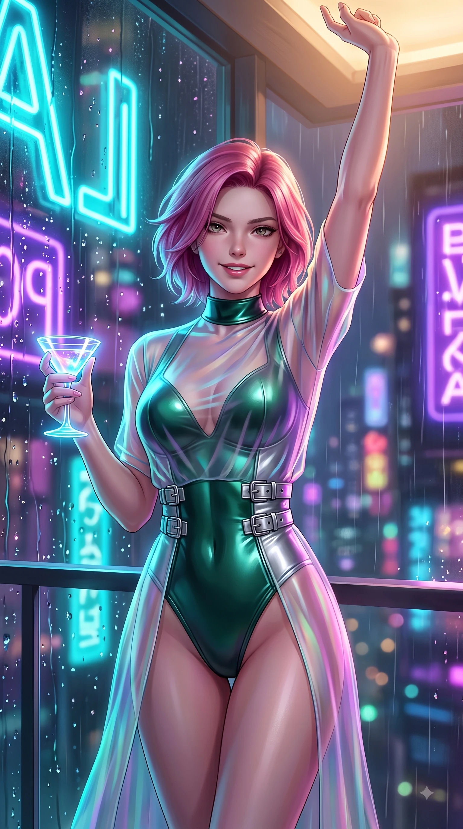 score_9, masterpiece, best quality, ultra-detailed, high-budget anime keyframe, editorial fashion photography, tasteful artistic composition, Caucasian woman. close-up cowboy shot from the waist and thighs up, the character dominates the composition, filling the frame with her large presence, background elements kept in soft focus. Extending one arm in an elegant stretch toward the light while smiling with magnetic self-assurance while holding a glowing translucent cocktail glass under vibrant cyan and purple neon signs at night, rain droplets glistening on the window glass with colorful neon city reflections. She has an exceptionally elegant, slender, and willowy female figure with an ultra-slim waist, a gracefully sculpted slender torso, and a refined silhouette. sharp v-shaped jawline, high-bridge nose, intricate jewel-like eyes with depth, thick eyelashes, glossy lips with a natural sheen, flawlessly proportioned anatomical accuracy, natural body alignment, perfectly sculpted elegant limbs, clean dynamic posture without body distortion. wearing a semi-opaque sheer overlay dress over a leather micro-bodysuit in deep emerald green and silver accent, crafted from iridescent chiffon that shifts colors in the light, detailed with polished silver buckles along the waistline, the sleek second-skin texture accentuating her magnetic presence. surrounded by a high-energy, seductive cyberpunk nightlife ambiance. ultra-reflective glossy finish, specular highlights, metallic sheen, high-contrast stereoscopic depth, volumetric dynamic lighting, 2k, ultra detail, master piece, 9:16 ratio