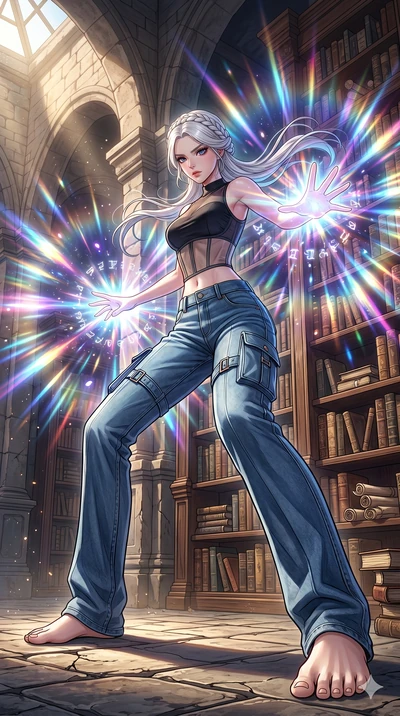 score_9, masterpiece, best quality, ultra-detailed, High-budget Anime Keyframe, beautiful Korean anime girl. Low angle cowboy shot filling the entire 9:16 frame with her overwhelming presence. Casting a powerful energy spell that creates a shockwave 