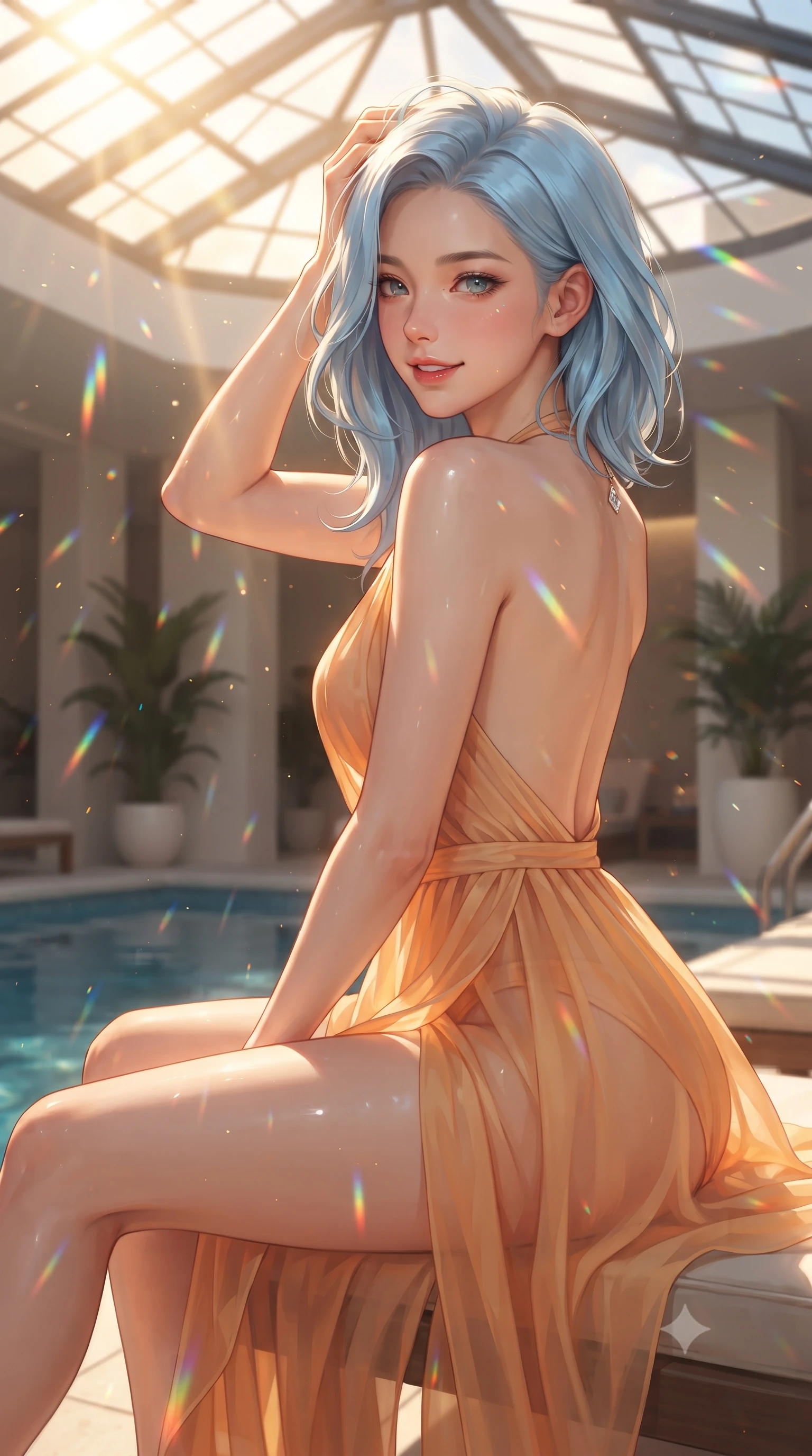 score_9, masterpiece, best quality, ultra-detailed, high-budget anime keyframe, editorial fashion photography, tasteful artistic composition, Korean woman. close-up cowboy shot from the waist and thighs up, the character dominates the composition, filling the frame with her large presence. turning over a bare shoulder with an intoxicating, teasing smile, her soft hair framing her sharp jawline as she looks back while sitting poised on the edge of the sunbed, running fingers through her sun-kissed hair with effortless supermodel charm. The composition keeps background elements in soft focus with creamy bokeh. sunlight prism refractions through solar glass scattering dancing rainbow light motes across the room. She has an exceptionally elegant, slender, and willowy female figure with an ultra-slim waist, a gracefully sculpted slender torso, toned flat midriff, and a refined slim silhouette. sharp v-shaped jawline, high-bridge nose, intricate jewel-like eyes with depth, thick eyelashes, glossy parted lips with a natural sheen, intensely captivating and seductive expression, flawlessly proportioned anatomical accuracy, strict slender model proportions, natural body alignment, perfectly sculpted long slender limbs, ultra-slim waistline, clean dynamic posture without body distortion. wearing a sun-drenched halter wrap dress with a daring open back and breezy high side slit in warm apricot and glowing solar champagne, woven from sheer cascading chiffon that flutters with every step, complemented by a dainty solar crystal pendant resting near her collarbone, the relaxed yet flattering fit accentuating her naturally graceful and slender figure, highlighting her tall statuesque proportions. bathed in glorious golden hour sunlight streaming through the solar glass ceiling. ultra-reflective glossy finish, specular highlights, rich textural contrasts, high-contrast stereoscopic depth, volumetric dynamic lighting, 2k, ultra detail, master piece, 9:16 ratio