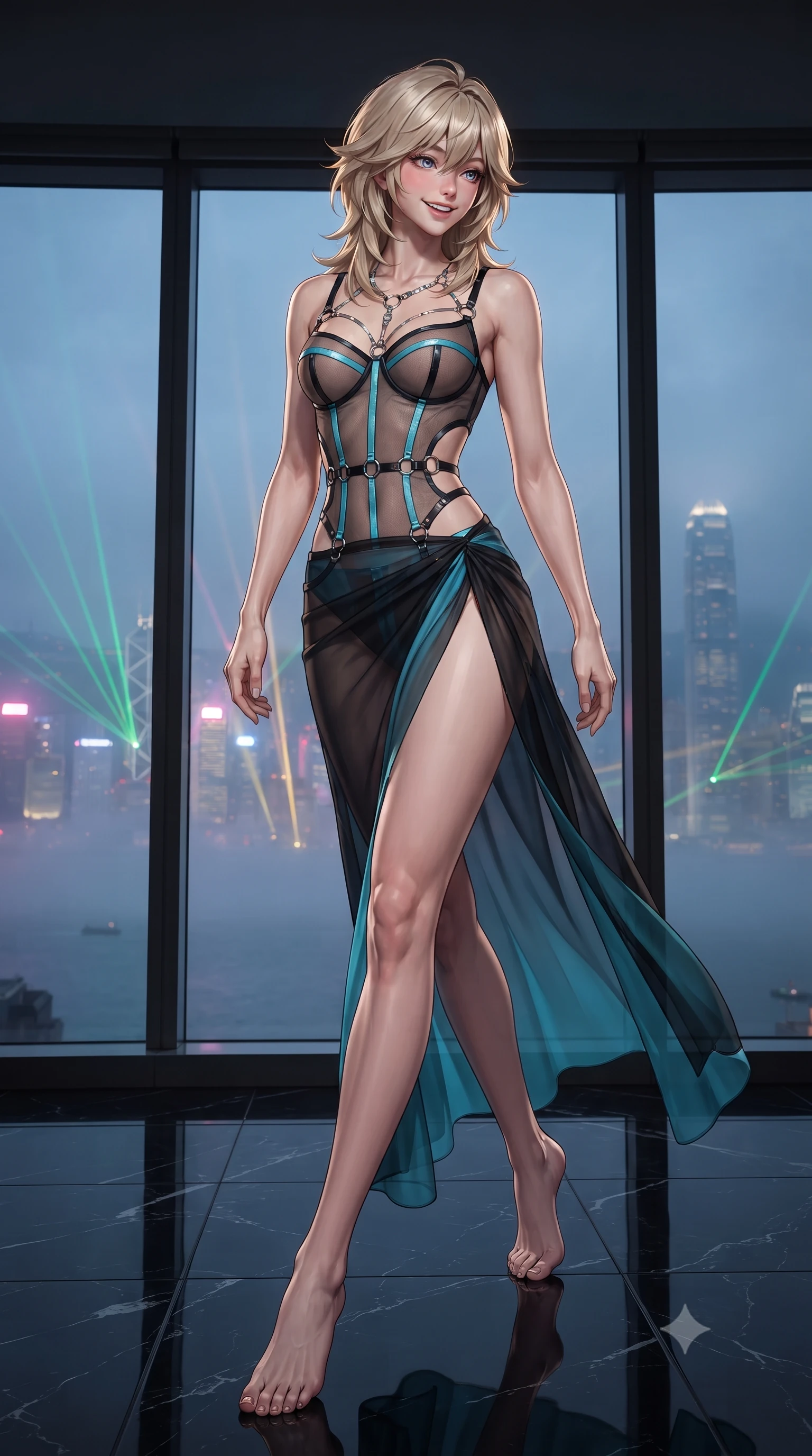 score_9, masterpiece, best quality, ultra-detailed, high-budget anime keyframe, editorial fashion photography, tasteful artistic composition, Japanese woman. low angle full-body shot from head to toe showing her feet, filling the entire 9:16 vertical frame with her statuesque presence, stretching her vertical silhouette. stepping forward in a confident stride, her long slender legs and curvaceous hips creating a dynamic, sweeping vertical line while standing poised on the black mirror marble floor before the panoramic window wall overlooking misty Victoria Harbor, arching her lower back with sovereign supermodel poise. The background shows a soft-focus infinite tapestry of neon skyscraper spires emerging from sea fog, laser light show beams across the harbor, blurred into emerald, rose, and gold bokeh. She has an exceptionally tall and slender model-like 8.5-heads proportion, an ultra-slim waist, a flat toned midriff, narrow delicate ribcage, and beautifully sculpted feminine hips creating a graceful, slim hourglass silhouette without any bulky heaviness, with impossibly long slender legs. sharp v-shaped jawline, high-bridge nose, intricate jewel-like sparkling eyes with depth, thick eyelashes, glossy parted lips with a natural peach sheen, bright cheerful beaming smile with an enchanting and coquettish sensual glint, exuding both youthful cute charm and seductive allure, flawlessly proportioned anatomical accuracy, strict slender model proportions, natural body alignment, perfectly sculpted long slender limbs, ultra-slim waistline, clean dynamic posture without body distortion. wearing a provocative translucent mesh corset bodice with boned satin channels paired with a sheer chiffon wrap maxi skirt in tactical obsidian black and high-voltage cyan, adorned with delicate chrome ring hardware and cutouts along her slender waist, accented with a chrome-drop body harness subtly framing her dewy collarbones and spine, the high-slit wrap tailoring accentuating her ultra-slim waistline and the enchanting curve of her feminine hips with alluring seductive charm. illuminated by black marble floor bounce and sharp champagne-gold rim lights defining her razor-sharp jawline, narrow waist, and curvy hips. ultra-reflective glossy finish, specular highlights, rich textural contrasts, high-contrast stereoscopic depth, volumetric dynamic lighting, 2k, ultra detail, master piece, 9:16 ratio
