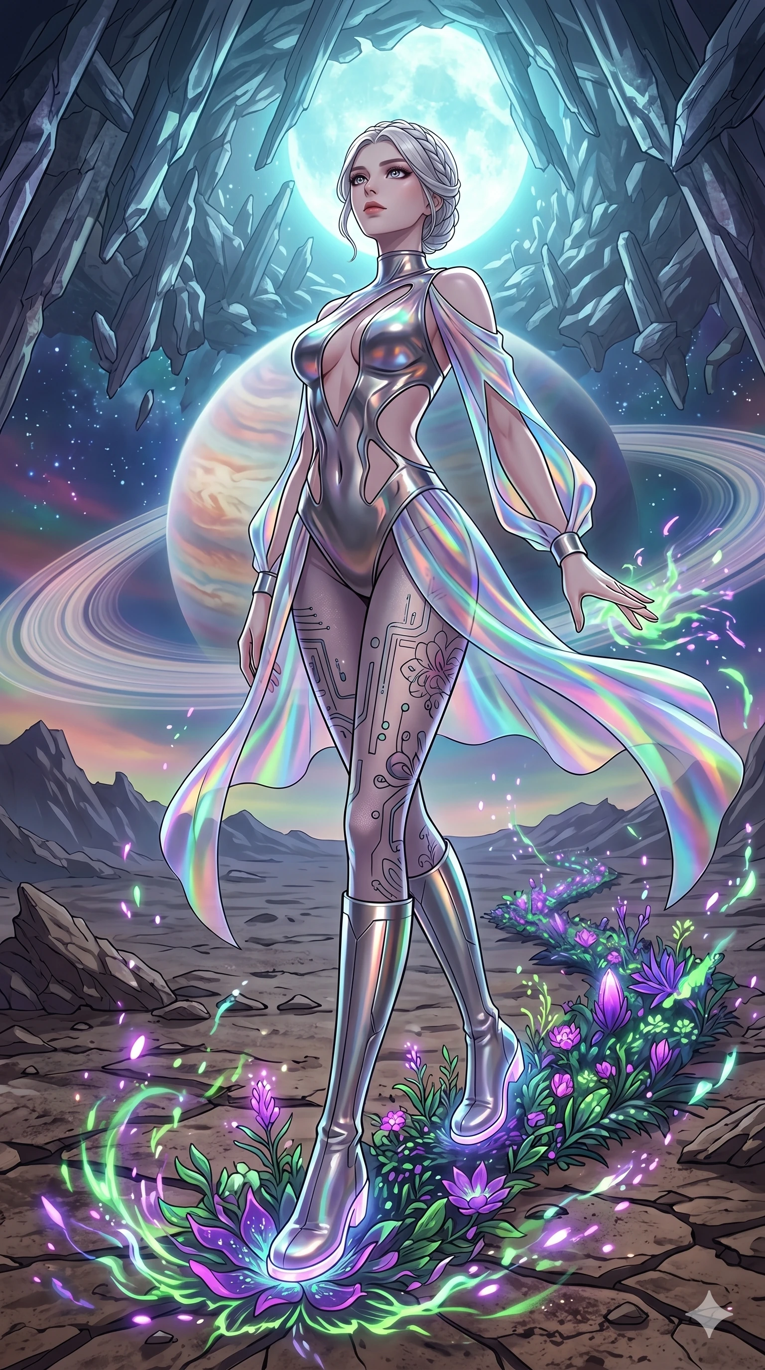 score_9, masterpiece, best quality, ultra-detailed, High-budget Anime Keyframe, vibrant colors, fluid line-art, expressive lighting, cinematic composition, Ufotable-style visual effects, top-tier animation quality, Korean woman with idol-like refined features. Cinematic low angle perspective showcasing her towering height and perfect 8-heads proportion. Restoring life to a barren, dead planet with a single touch, greenery and flowers erupting from her footsteps. She has an absolutely perfect 8-heads proportion, an exceptionally tall and slender female figure with impossibly long slender legs and an ultra-slim waist, her statuesque height and towering silhouette dominating the vertical 9:16 frame. Her face is a masterpiece featuring a sharp v-shaped jawline, high-bridge nose, intricate jewel-like eyes with depth, thick eyelashes, and glossy lips with a natural sheen. She is wearing a Molten metal-look bodysuit with daring cut-outs and a high-cut silhouette crafted from Holographic chiffon that changes color with every movement, creating a rainbow effect, accompanied by patterned tights and metallic boots. The scene is set in a mysterious alien planet with bioluminescent purple flora and a giant ringed planet in the sky, illuminated by ethereal moonlight filtering through a crystalline canopy, creating soft highlights. 2k, ultra detail, master piece, 9:16 ratio