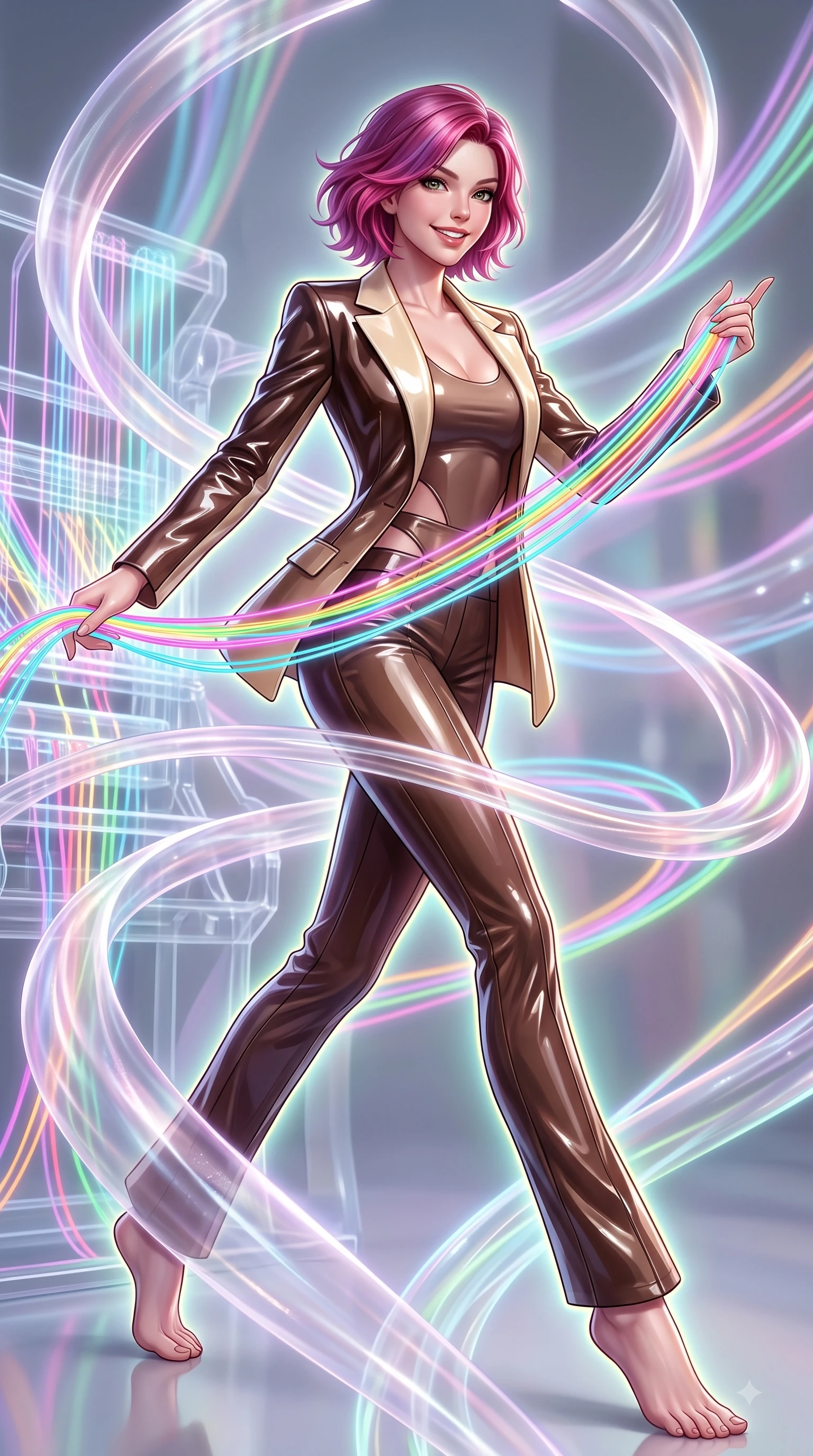 score_9, masterpiece, best quality, ultra-detailed, high-budget anime keyframe, editorial fashion photography, tasteful artistic composition, Caucasian woman. low angle full-body shot from head to toe showing her feet, filling the entire 9:16 vertical frame with her statuesque presence, stretching her vertical silhouette. forging dynamically through the scene with a happy infectious smile, her ultra-slim waist creating a sweeping curve while weaving fluorescent rainbow fiber optic ribbons on a 3D light loom with a playful smile, translucent silk ribbons swirling around her figure like bright streams. She has an absolutely perfect, statuesque 8.5-heads proportion, an exceptionally tall and slender model-like female figure with impossibly long slender legs and an ultra-slim waist. sharp v-shaped jawline, high-bridge nose, intricate jewel-like eyes with depth, thick eyelashes, glossy lips with a natural sheen, flawlessly proportioned anatomical accuracy, natural body alignment, perfectly sculpted elegant limbs, clean dynamic posture without body distortion. wearing a tailored silk blazer over a form-contouring scoop-neck top and slacks in espresso brown and warm cream, tailored from high-gloss patent leather, featuring subtle geometric cutouts that highlight her ultra-slim midriff, the glove-like fit emphasizing her statuesque silhouette during motion. surrounded by a vibrant fluorescent aura with bright specular rim lights. ultra-reflective glossy finish, specular highlights, metallic sheen, high-contrast stereoscopic depth, volumetric dynamic lighting, 2k, ultra detail, master piece, 9:16 ratio