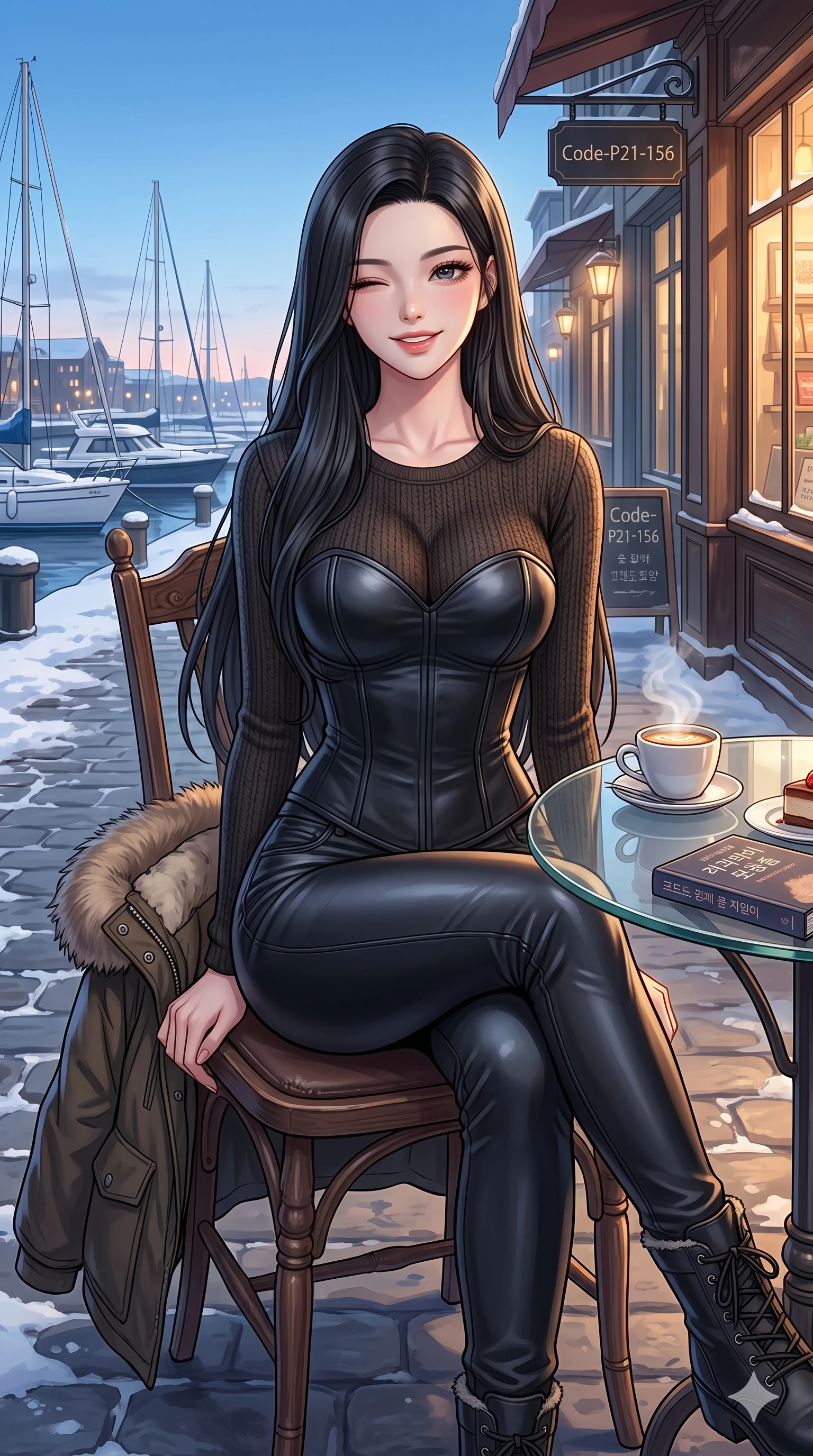 score_9, masterpiece, best quality, ultra-detailed, high-budget anime keyframe, vibrant anime aesthetic, Korean woman. cowboy shot from the thighs up, character and outfit filling the frame for maximum presence. She is sitting by a glass table, winking and smiling cheerfully at the camera in winter by a winter harbor promenade under clear blue sky (Code-P21-156). She has an absolutely perfect 8-heads proportion, an exceptionally tall and slender female figure with impossibly long slender legs and an ultra-slim waist. V-shaped jawline, high-bridge nose, intricate jewel-like eyes with depth, thick eyelashes, glossy lips with a natural sheen. wearing a leather corset with sweetheart neckline revealing cleavage in winter. She is soft golden twilight glow mixed with warm cabin lights, tracing her eyelashes. 2k, ultra detail, master piece, 9:16 ratio