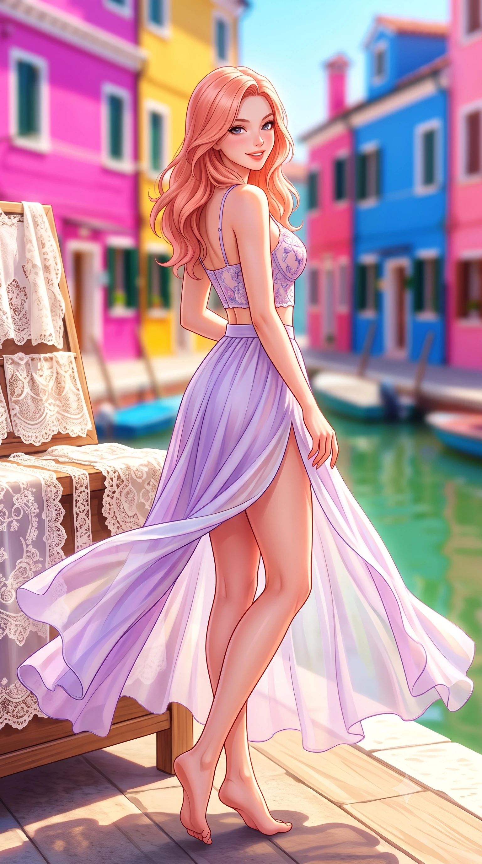 score_9, masterpiece, best quality, ultra-detailed, high-budget anime keyframe, semi-realistic 3D game render, editorial fashion photography, tasteful artistic composition, Japanese woman. low angle full-body shot from head to toe showing her feet, filling the entire 9:16 vertical frame with her statuesque presence, stretching her vertical silhouette. executing a cheerful mid-motion pivot turn as her skirt flutters around her slender legs, glancing over her shoulder with an intoxicating, teasing cute expression while sitting on a sunlit wooden bench beside handmade Venetian lace displays with legs crossed, her flat midriff and curvy hips highlighted in the sun. The composition keeps background elements in soft focus with dreamy creamy bokeh. vibrantly painted fuchsia, yellow, and cobalt fishermen houses and green canal reflections blurred into candy-pink, cyan, and gold bokeh. She has an exceptionally tall and slender model-like 8.5-heads proportion, an ultra-slim waist, a flat toned midriff, narrow delicate ribcage, and beautifully sculpted feminine hips creating a graceful, slim hourglass silhouette without any bulky heaviness, with impossibly long slender legs. sharp v-shaped jawline, high-bridge nose, intricate jewel-like sparkling eyes with depth, thick eyelashes, glossy parted lips with a natural peach sheen, bright cheerful beaming smile with an enchanting and coquettish sensual glint, exuding both youthful cute charm and seductive allure, flawlessly proportioned anatomical accuracy, strict slender model proportions, natural body alignment, perfectly sculpted long slender limbs, ultra-slim waistline, clean dynamic posture without body distortion. wearing a delicate floral embroidery bustier top paired with a flowy high-slit chiffon maxi skirt with a side hip opening in delicate lavender violet and pearlescent white, tailored from crisp cotton poplin with clean structural lines, complemented by delicate embroidered floral trim along the hem, the high-waisted tailoring accentuating her ultra-slim waistline and the enchanting curve of her feminine hips with alluring charm. bathed in brilliant midday Mediterranean sunlight reflecting off vibrant colorful walls. highly saturated vibrant anime colors, detailed shading with soft gradients, rich glossy textures, high-contrast stereoscopic depth, volumetric dynamic lighting, master piece, 9:16 ratio