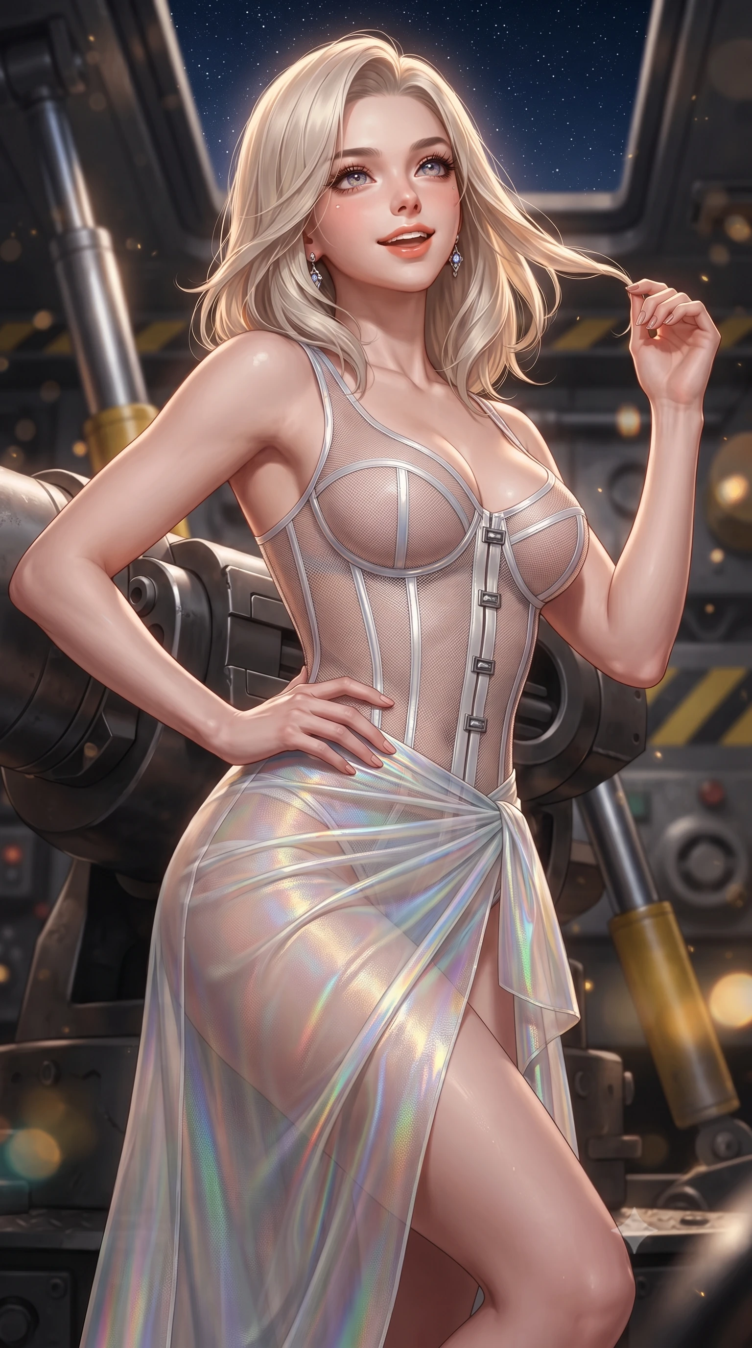 score_9, masterpiece, best quality, ultra-detailed, high-budget anime keyframe, editorial fashion photography, tasteful artistic composition, Caucasian woman. close-up cowboy shot from the waist and thighs up, the character dominates the composition, filling the frame with her large presence. twisting her slender torso in an alluring contrapposto stance, one hand resting on her sculpted hip while her fingers toy with her hair with effortless poise while leaning against the armored cannon breech with hips cocked back, gazing up the vertical shaft toward the distant starry night hatch with heavy-lidded bedroom-eyes. The background shows a soft-focus massive gunmetal cannon breech, shimmering hydraulic recoil cylinders, and yellow hazard striping blurred into amber, charcoal, and platinum bokeh. She has an exceptionally elegant, slender, and willowy female figure with an ultra-slim waist, flat toned midriff, narrow ribcage, and sculpted feminine hips creating an alluring, slim hourglass silhouette without bulk. sharp v-shaped jawline, high-bridge nose, intricate jewel-like sparkling eyes with depth, thick eyelashes, glossy parted lips with a natural peach sheen, bright cheerful beaming smile with an enchanting and coquettish sensual glint, exuding both youthful cute charm and seductive allure, flawlessly proportioned anatomical accuracy, strict slender model proportions, natural body alignment, perfectly sculpted long slender limbs, ultra-slim waistline, clean dynamic posture without body distortion. wearing a provocative translucent mesh corset bodice with boned satin channels paired with a sheer chiffon wrap maxi skirt in solar-sail rainbow diffraction and titanium white, made of sheer gossamer chiffon that drapes softly against skin with airy translucence, finished with sleek magnetic buckle closures fluttering in the breeze, the precision-cut side openings and low-back scoop framing her graceful spine and the sensual sweep of her slim, toned hips. illuminated by diamond-plate steel reflection bounce and sharp gold-amber rim lights defining her razor-sharp jawline, narrow waist, and curvy hips. ultra-reflective glossy finish, specular highlights, rich textural contrasts, high-contrast stereoscopic depth, volumetric dynamic lighting, 2k, ultra detail, master piece, 9:16 ratio