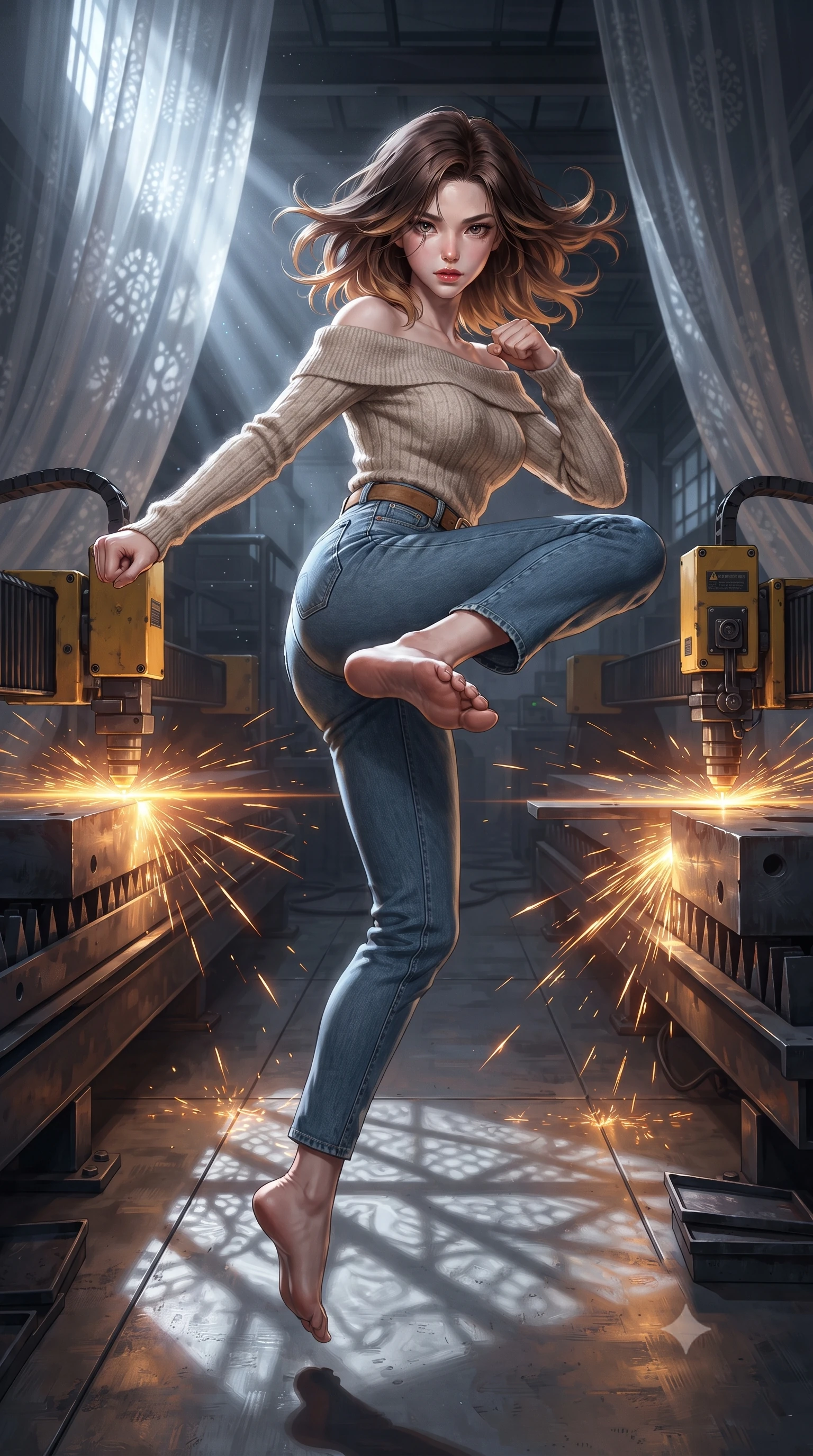 score_9, masterpiece, best quality, ultra-detailed, high-budget anime keyframe, editorial fashion photography, tasteful artistic composition, realistic cosplay photography, Korean woman. low angle full-body shot from head to toe showing her feet, filling the entire 9:16 vertical frame with her statuesque presence, stretching her vertical silhouette. spinning mid-air with intense momentum to deliver a decisive strike within a heavy industrial cutting bay where high-power yellow laser cutters are slicing through sheet metal blocks. She has a statuesque 8.5-heads proportion, an exceptionally tall, slender and willowy model-like build with impossibly long legs and a highly sculpted ultra-slim waist. sharp v-shaped jawline, high-bridge nose, intricate jewel-like eyes with depth, thick eyelashes, glossy lips with a natural sheen. wearing tailored for maximum mobility, sleek form-contouring panels that allow fluid movement, a slim-fit oatmeal cashmere off-shoulder knit sweater layered over high-waisted raw blue denim and a camel suede belt. cold silver moonlight filtered through translucent gossamer curtains casting delicate shadows. ultra-reflective glossy finish, specular highlights, metallic sheen, high-contrast stereoscopic depth, volumetric dynamic lighting, 2k, ultra detail, master piece, 9:16 ratio