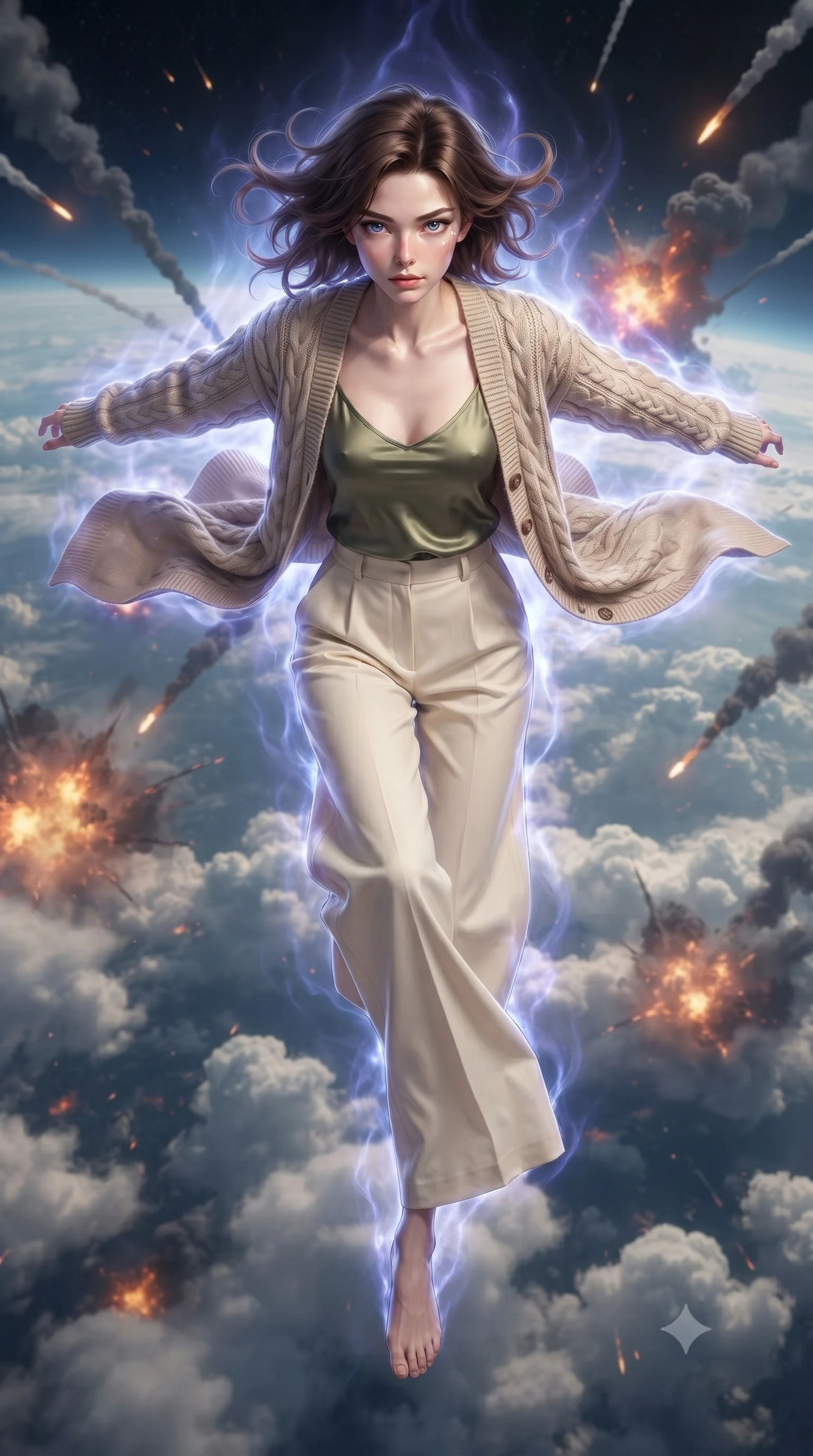 score_9, masterpiece, best quality, ultra-detailed, high-budget anime keyframe, editorial fashion photography, tasteful artistic composition, realistic cosplay photography, Korean woman. low angle full-body shot from head to toe showing her feet, filling the entire 9:16 vertical frame with her statuesque presence, stretching her vertical silhouette. leaping off a launching drop-ship, diving headfirst toward the cloud tops of an alien world through falling through the upper atmosphere of an alien planet during a battle, smoke trails and explosions in the clouds. She has a statuesque 8.5-heads proportion, an exceptionally tall, slender and willowy model-like build with impossibly long legs and a highly sculpted ultra-slim waist. sharp v-shaped jawline, high-bridge nose, intricate jewel-like eyes with depth, thick eyelashes, glossy lips with a natural sheen. wearing the lightweight fabric rippling and billowing dramatically with her movement, a slim-fit cozy beige cable-knit cardigan over an olive green silk slip top and cream-colored wide-leg pants. cool ethereal blue-violet bioluminescent glow wrapping around her from all sides. ultra-reflective glossy finish, specular highlights, metallic sheen, high-contrast stereoscopic depth, volumetric dynamic lighting, 2k, ultra detail, master piece, 9:16 ratio