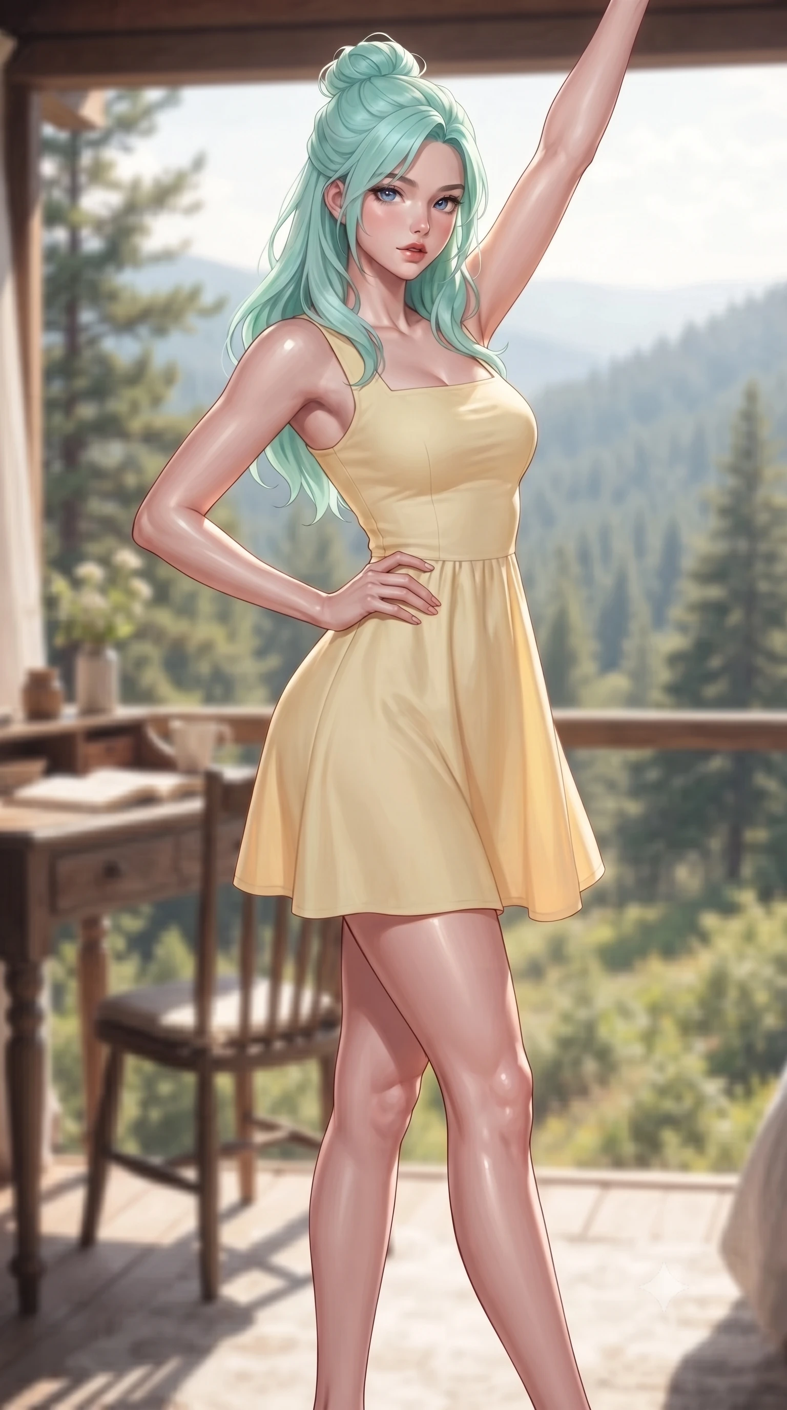 score_9, masterpiece, best quality, ultra-detailed, high-budget anime keyframe, editorial fashion photography, tasteful artistic composition, Japanese woman. low angle full-body shot from head to toe showing her feet, filling the entire 9:16 vertical frame with her statuesque presence, stretching her vertical silhouette. posing confidently with one hand on her hip, stretching her statuesque body to emphasize her curves the background shows a soft-focus a quiet writing desk on a glamping veranda facing a pine-covered valley. She has an absolutely perfect, statuesque 8.5-heads proportion, an exceptionally tall and slender model-like female figure with impossibly long slender legs and an ultra-slim waist. sharp v-shaped jawline, high-bridge nose, intricate jewel-like eyes with depth, thick eyelashes, glossy lips with a natural sheen. wearing a body-hugging casual summer sundress in pale yellow cotton with a simple square neckline. bright morning sun rays creating fresh and energetic shadows. ultra-reflective glossy finish, specular highlights, metallic sheen, high-contrast stereoscopic depth, volumetric dynamic lighting, 2k, ultra detail, master piece, 9:16 ratio