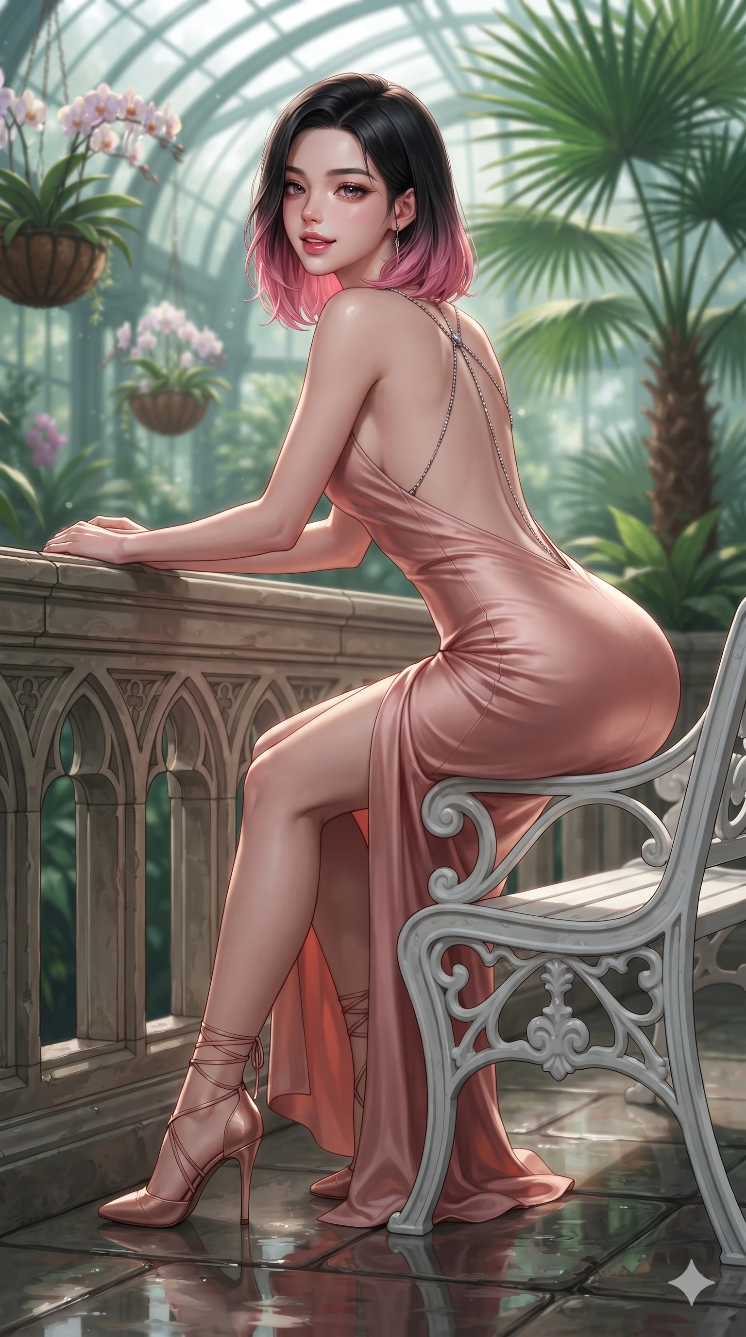 score_9, masterpiece, best quality, ultra-detailed, high-budget anime keyframe, editorial fashion photography, tasteful artistic composition, Korean woman. close-up cowboy shot from the waist and thighs up, the character dominates the composition, filling the frame with her large presence. leaning forward over the carved stone gothic balustrade, looking back with sleepy seductive bedroom-eyes as water reflections dance across her silhouette while sitting gracefully on the white cast-iron garden bench with legs crossed, flashing an enchanting smile with parted glossy lips. The background shows a soft-focus towering exotic fan palms, hanging orchid baskets, and curved greenhouse glass trusses blurred into emerald, jade, and diamond bokeh. She has an exceptionally elegant, slender, and willowy female figure with an ultra-slim waist, flat toned midriff, narrow ribcage, and sculpted feminine hips creating an alluring, slim hourglass silhouette without bulk. sharp v-shaped jawline, high-bridge nose, intricate jewel-like sparkling eyes with depth, thick eyelashes, glossy parted lips with a natural sheen, intensely captivating and seductive bedroom-eyes expression, exuding both youthful cute charm and sovereign luxury allure, flawlessly proportioned anatomical accuracy, strict slender model proportions, natural body alignment, perfectly sculpted long slender limbs, ultra-slim waistline, clean dynamic posture without body distortion. wearing a liquid-silk jersey evening gown with an ultra-deep plunging open back descending to the base of her spine and a sculpted hip-hugging skirt in rose-quartz blush and burnished copper, made of fluid liquid jersey with seamless sculpting hold and smooth contours, accented with a chrome-drop body harness subtly framing her dewy collarbones and spine, the impeccably tailored cut draping gracefully along her slender figure with aristocratic poise. illuminated by wet flagstone floor reflections and sharp emerald-gold rim lights sculpting her razor-sharp jawline, narrow waist, and curvy hips. ultra-reflective glossy finish, specular highlights, rich textural contrasts, high-contrast stereoscopic depth, volumetric dynamic lighting, 2k, ultra detail, master piece, 9:16 ratio