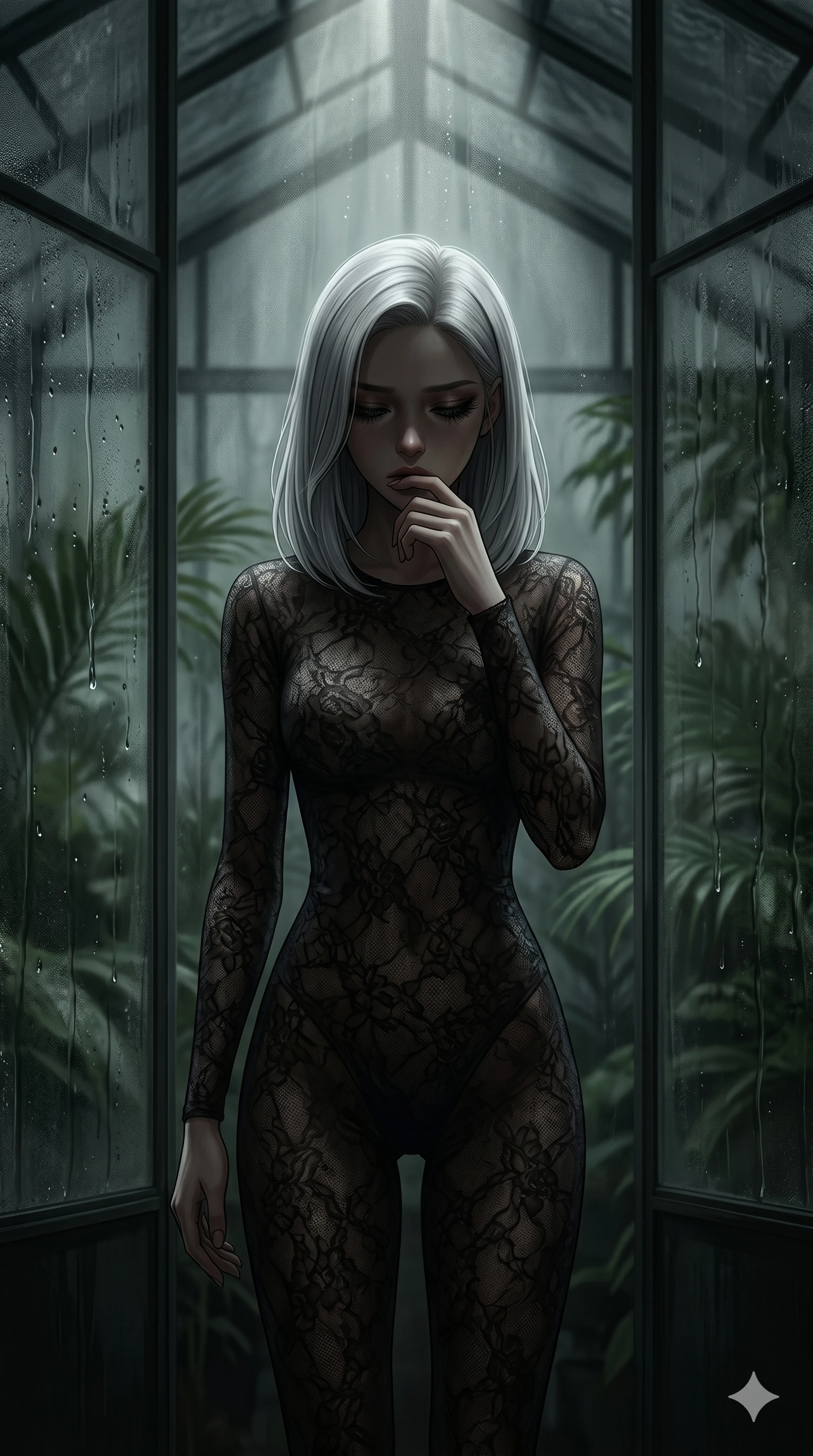 score_9, masterpiece, best quality, ultra-detailed, high-budget anime keyframe, editorial fashion photography, tasteful artistic composition, Korean woman. cowboy shot from the thighs up, character and outfit filling the frame for maximum editorial presence. lowering her head with heavy lashes, her face shadowed in grief as she gently touches her lip inside a glass-walled greenhouse with condensation trickling down the panes (Scenario Code S-62). She has an absolutely perfect 8-heads proportion, an exceptionally tall and slender female figure with impossibly long slender legs and an ultra-slim waist. V-shaped jawline, high-bridge nose, intricate jewel-like eyes with depth, thick eyelashes, glossy lips with a natural sheen. wearing a semi-opaque dark lace unitard that tightly contours her athletic build and slender waist. lit by a single weak spotlight from above, leaving her body mostly in deep shadows. 2k, ultra detail, master piece, 9:16 ratio