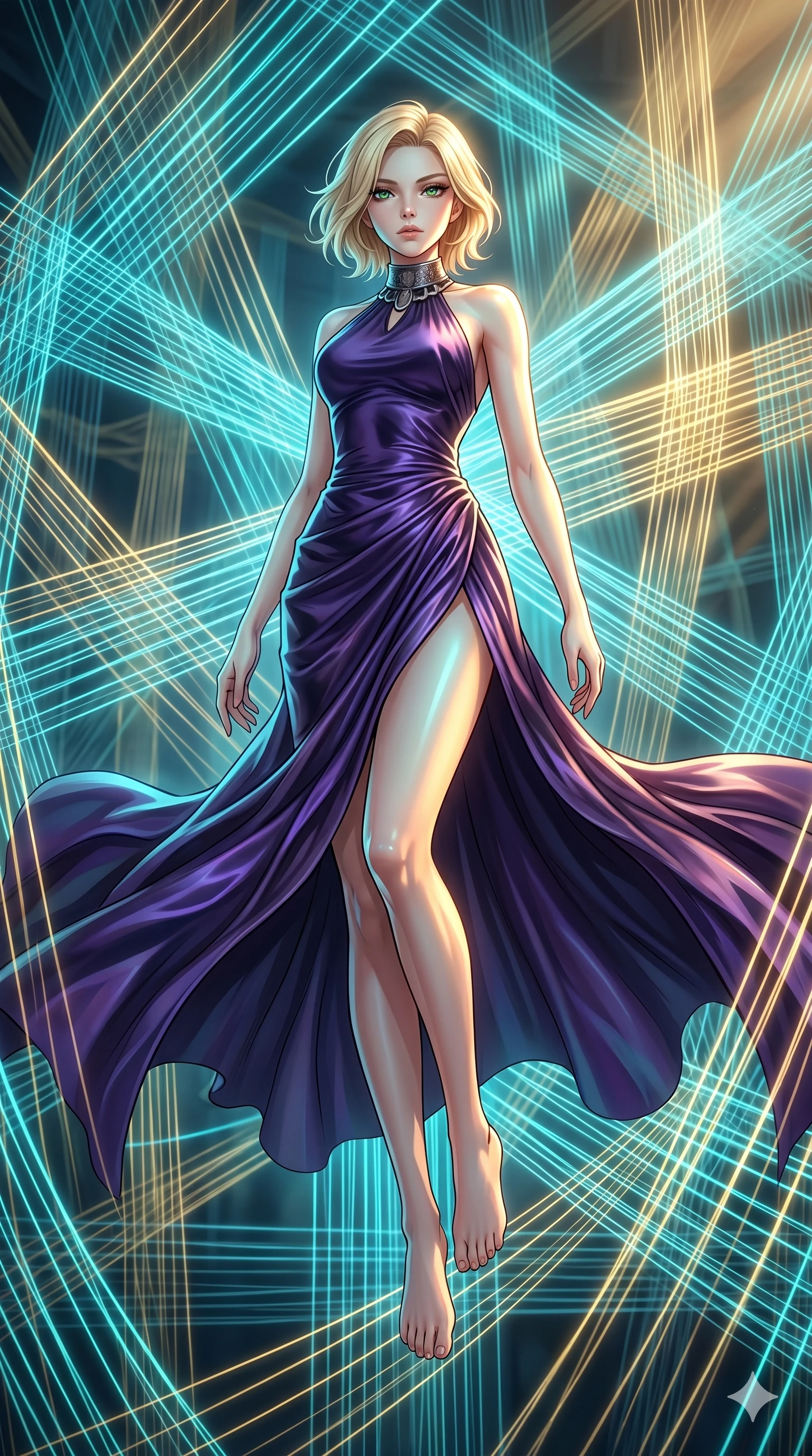 score_9, masterpiece, best quality, ultra-detailed, high-budget anime keyframe, Japanese woman. low angle full-body shot filling the entire 9:16 frame with her statuesque presence, stretching the vertical silhouette. floating suspended in an ethereal loom room where millions of luminescent cyan and gold threads intersect and weave geometric patterns. She has an absolutely perfect 8-heads proportion, an exceptionally tall and slender female figure with impossibly long slender legs and an ultra-slim waist. V-shaped jawline, high-bridge nose, intricate jewel-like eyes with depth, thick eyelashes, glossy lips with a natural sheen.. wearing a gothic liquid silk gown, featuring a deep purple liquid silk maxi gown draped around her, secured by a metallic choker collar, with a high side slit. showcasing a beautiful play of light and shadow, with warm golden rays clashing against cool cyan highlights. 2k, ultra detail, master piece, 9:16 ratio
