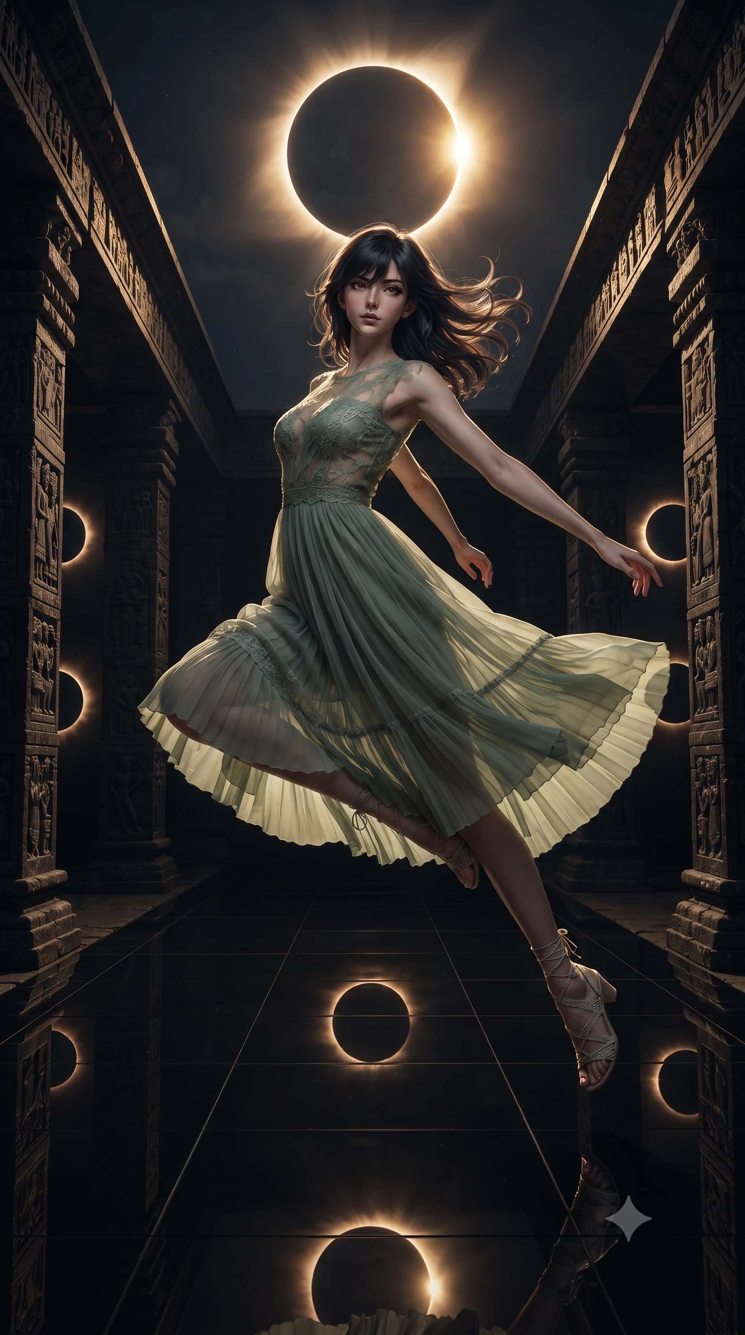 score_9, masterpiece, best quality, ultra-detailed, high-budget anime keyframe, editorial fashion photography, tasteful artistic composition, Caucasian woman, strictly human ears. low angle full-body shot from head to toe showing her feet, filling the entire 9:16 vertical frame with her statuesque presence, stretching her vertical silhouette. vaulting dynamically through an ancient obsidian mirror temple during a total solar eclipse with the sun's corona forming a ring of sacred fire in the darkened sky every polished obsidian surface reflecting the eclipsed sun in duplicate. She has a statuesque 8.5-heads proportion, an exceptionally tall, slender and willowy model-like build with impossibly long legs and a highly sculpted ultra-slim waist. sharp v-shaped jawline, high-bridge nose, intricate jewel-like eyes with depth, thick eyelashes, glossy lips with a natural sheen. wearing a flowing midi dress in sage green featuring a sheer lace-overlay bodice and a soft pleated chiffon skirt. dramatic chiaroscuro with a single golden key light sculpting her silhouette. 2k, ultra detail, master piece, 9:16 ratio