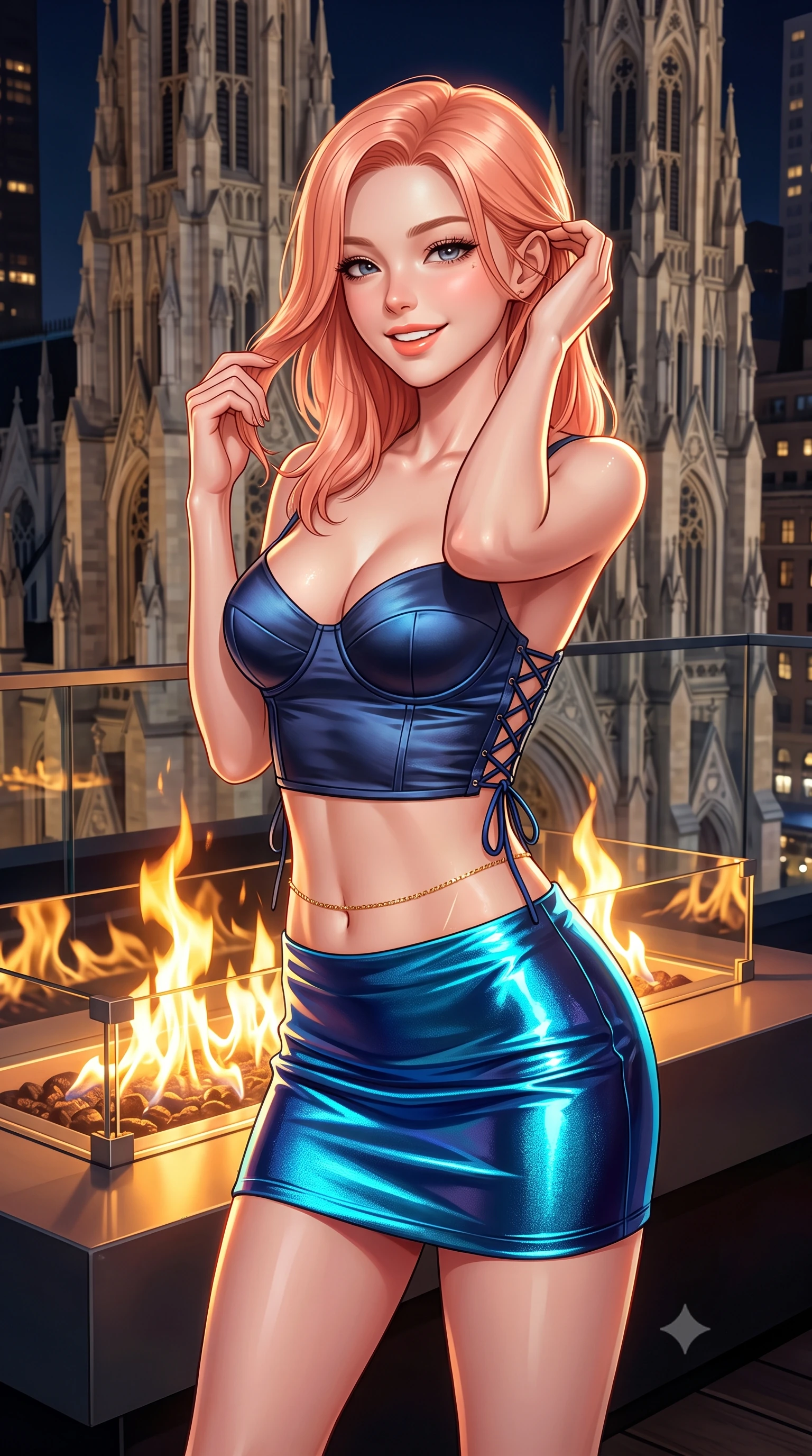 score_9, masterpiece, best quality, ultra-detailed, high-budget anime keyframe, semi-realistic 3D game render, editorial fashion photography, tasteful artistic composition, Japanese woman. close-up cowboy shot from the waist and thighs up, the character dominates the composition, filling the frame with her large presence. gently brushing a lock of hair behind her ear while casting a playful, flirtatious side-gaze with long eyelashes while twisting her slender torso in an alluring contrapposto stance beside the rooftop fire table, golden flame ribbons tracing her narrow waist and hips. The surrounding environment is rendered in vivid detail and crisp panoramic clarity: detailed garment drape, silhouette contours, and historic gothic cathedral stonework in high resolution. She has an exceptionally elegant, slender, and willowy female figure with an ultra-slim waist, flat toned midriff, narrow ribcage, and sculpted feminine hips creating an alluring, slim hourglass silhouette without bulk. sharp v-shaped jawline, high-bridge nose, intricate jewel-like sparkling eyes with depth, thick eyelashes, glossy parted lips with a natural peach sheen, bright cheerful beaming smile with an enchanting and coquettish sensual glint, exuding both youthful cute charm and seductive allure, flawlessly proportioned anatomical accuracy, strict slender model proportions, natural body alignment, perfectly sculpted long slender limbs, ultra-slim waistline, clean dynamic posture without body distortion. wearing a sculpted satin underwire crop bustier with lace-up side ties paired with a micro skirt in Singapore Marina Bay electric cyan and midnight sapphire, crafted from stretch micro-mesh with liquid foil coating that shimmers with every movement, accented with a dainty gold belly chain resting across her flat midriff and curving hips, the second-skin tailored fabric adhering flawlessly to her sculpted flat midriff and slender torso, emphasizing her long leg lines and perfectly proportioned willowy build. illuminated by glass reflection bounce and sharp platinum-gold rim lights defining her dewy collarbones, ultra-slim waist, and curvy hips. highly saturated vibrant anime colors, detailed shading with soft gradients, rich glossy textures, high-contrast stereoscopic depth, volumetric dynamic lighting, master piece, 9:16 ratio