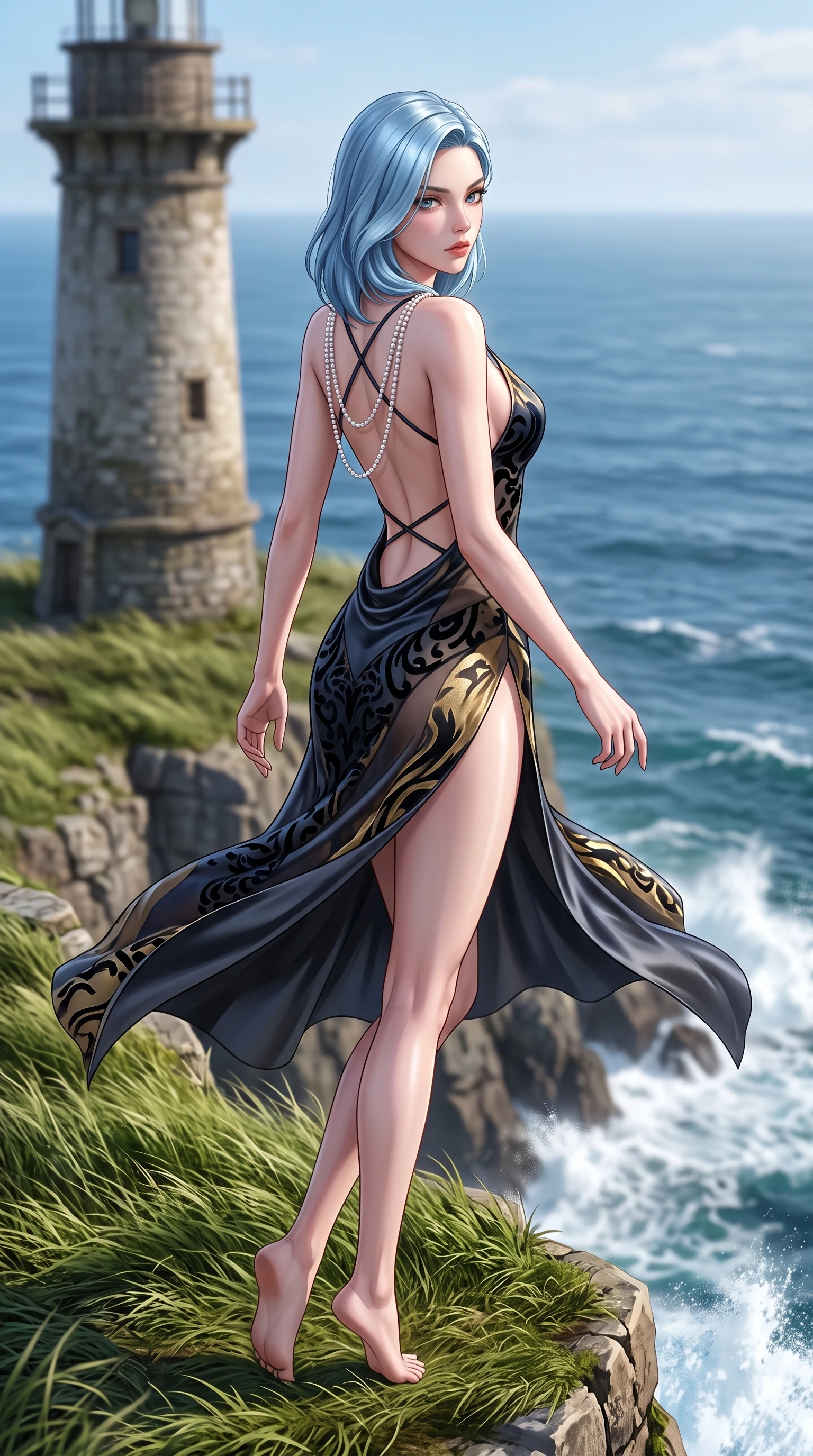 score_9, masterpiece, best quality, ultra-detailed, high-budget anime keyframe, semi-realistic 3D game render, editorial fashion photography, tasteful artistic composition, Korean woman. low angle full-body shot from head to toe showing her feet, filling the entire 9:16 vertical frame with her statuesque presence, stretching her vertical silhouette. executing an elegant mid-motion pivot turn as garments swirl around her slender limbs, glancing over her shoulder with an intoxicating bedroom-gaze while perching on the grassy cliff edge with legs crossed, her long slender legs and narrow waist highlighted against the sheer 500-meter drop into crashing surf. The surrounding environment is rendered in vivid detail and crisp panoramic clarity. sharp wind-swept turf textures, weathered lighthouse stone seams, and crashing sea foam spray in deep focus. She has an exceptionally tall and slender model-like 8.5-heads proportion, an ultra-slim waist, a flat toned midriff, narrow delicate ribcage, and beautifully sculpted feminine hips creating a graceful, slim hourglass silhouette without any bulky heaviness, with impossibly long slender legs. sharp v-shaped jawline, high-bridge nose, intricate jewel-like eyes with depth, thick eyelashes, glossy parted lips with a natural sheen, intensely captivating and seductive bedroom-eyes expression, flawlessly proportioned anatomical accuracy, strict slender model proportions, natural body alignment, perfectly sculpted long slender limbs, ultra-slim waistline, clean dynamic posture without body distortion. wearing a backless cowl-neck satin slip dress featuring high-cut side hip slits and delicate criss-cross back straps in midnight obsidian black and liquid gold, made of sheer contouring power-mesh with velvet flocking patterns, accented with a multi-strand pearl back necklace cascading down her bare spine to her hips, the dramatically scooped open back descending to the base of her spine, accentuating her razor-sharp statuesque lines and slim hourglass silhouette. illuminated by crisp oceanic ambient light contouring her razor-sharp jawline, narrow waist, and curvy hips. highly saturated vibrant anime colors, detailed shading with soft gradients, rich glossy textures, high-contrast stereoscopic depth, volumetric dynamic lighting, master piece, 9:16 ratio