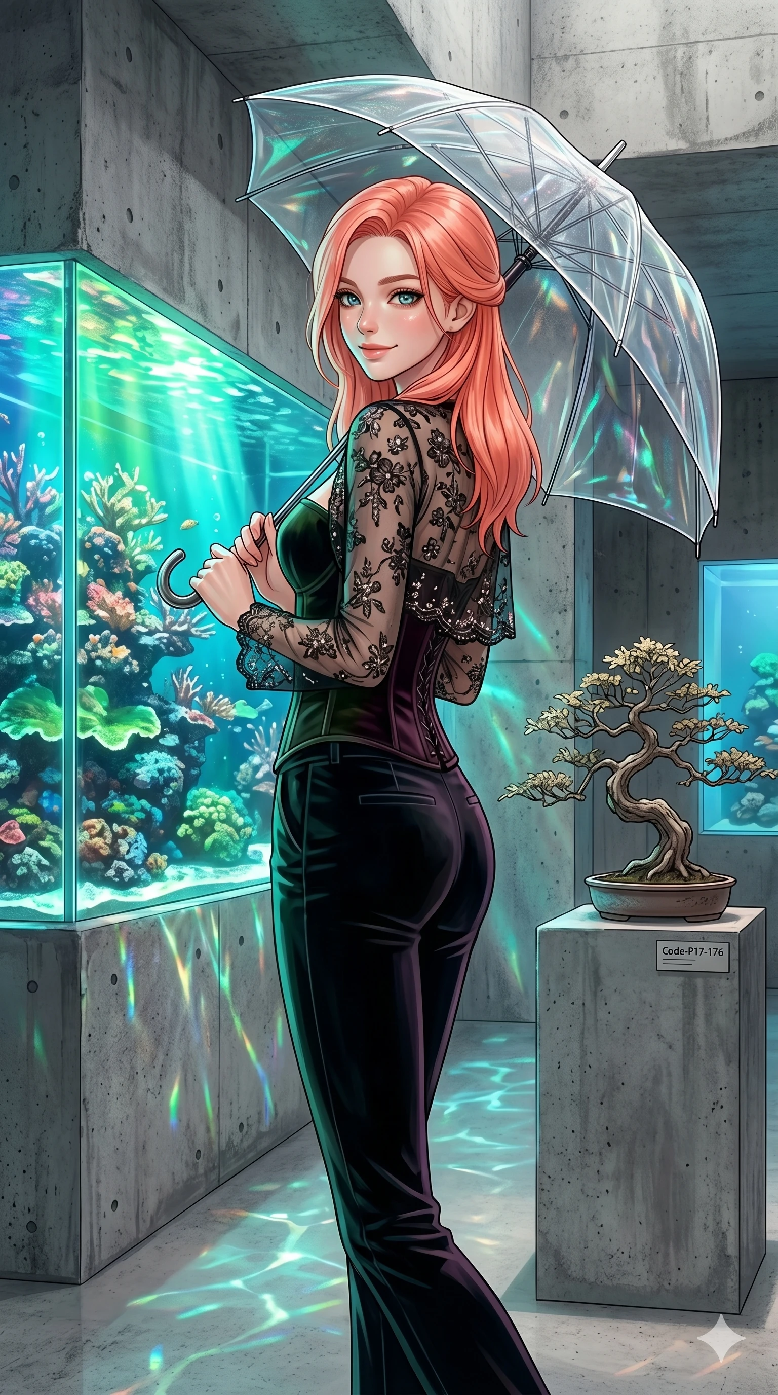 score_9, masterpiece, best quality, ultra-detailed, high-budget anime keyframe, editorial fashion photography, tasteful artistic composition, Japanese woman. cowboy shot from the thighs up, character and outfit filling the frame for maximum editorial presence. holding a transparent umbrella, looking over her shoulder with a magnetic smile inside a concrete gallery with bonsai tree (Code-P17-176). She has an absolutely perfect 8-heads proportion, an exceptionally tall and slender female figure with impossibly long slender legs and an ultra-slim waist. V-shaped jawline, high-bridge nose, intricate jewel-like eyes with depth, thick eyelashes, glossy lips with a natural sheen. wearing a dark velvet corset combined with a sheer lace shrug. cyan and emerald light from the aquarium tanks casting glittering patterns on her skin. 2k, ultra detail, master piece, 9:16 ratio